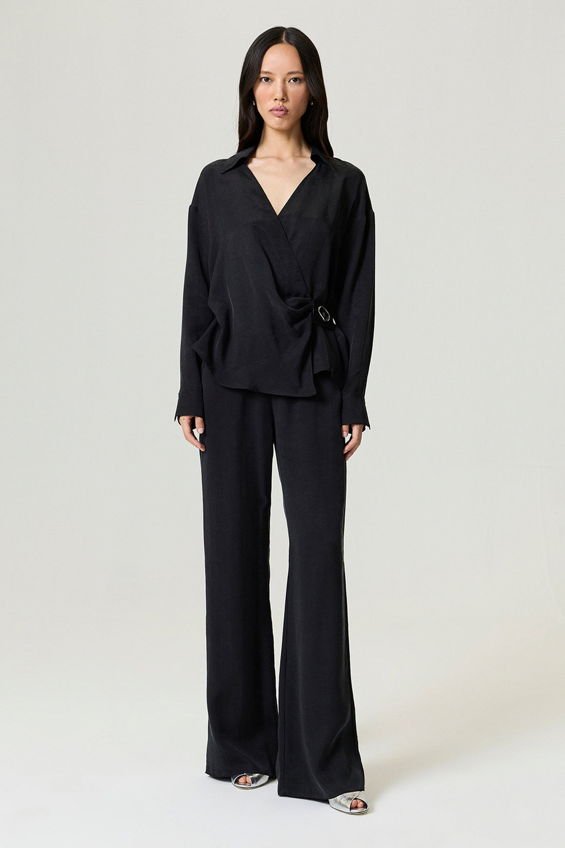 Black Logo Buckle Wrap Blouse