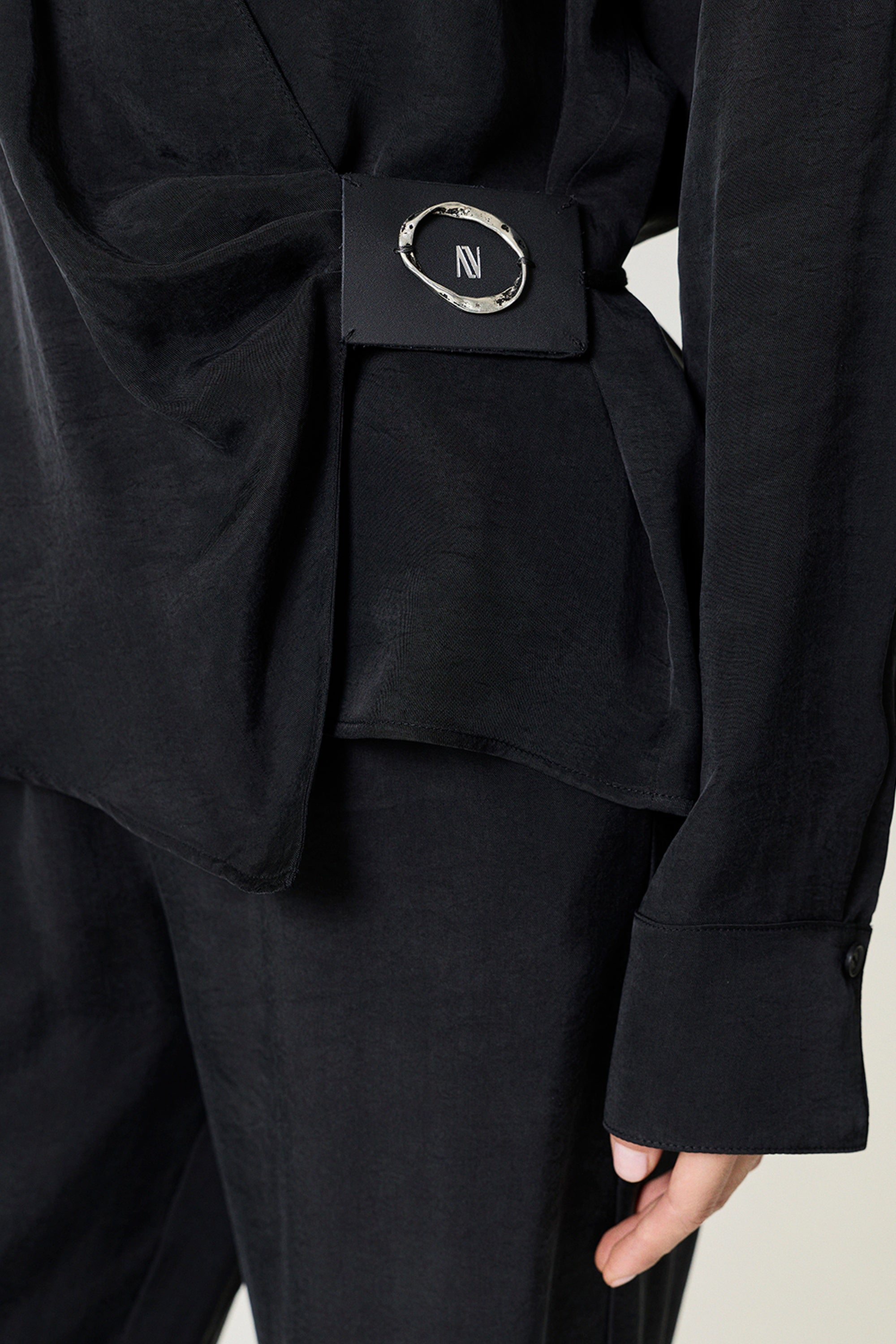 Black Logo Buckle Wrap Blouse