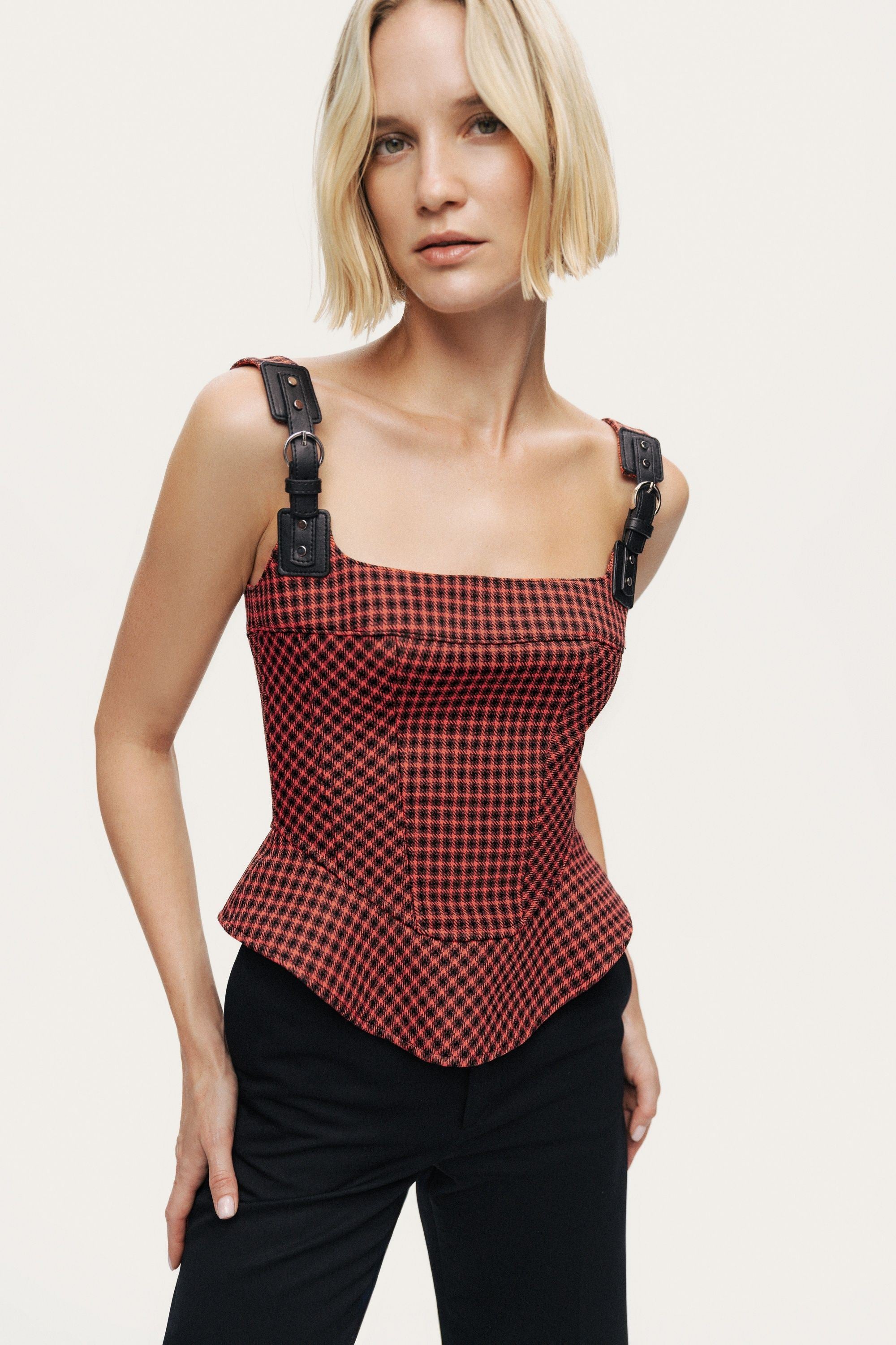 Checked Buckle Strap Corset Top