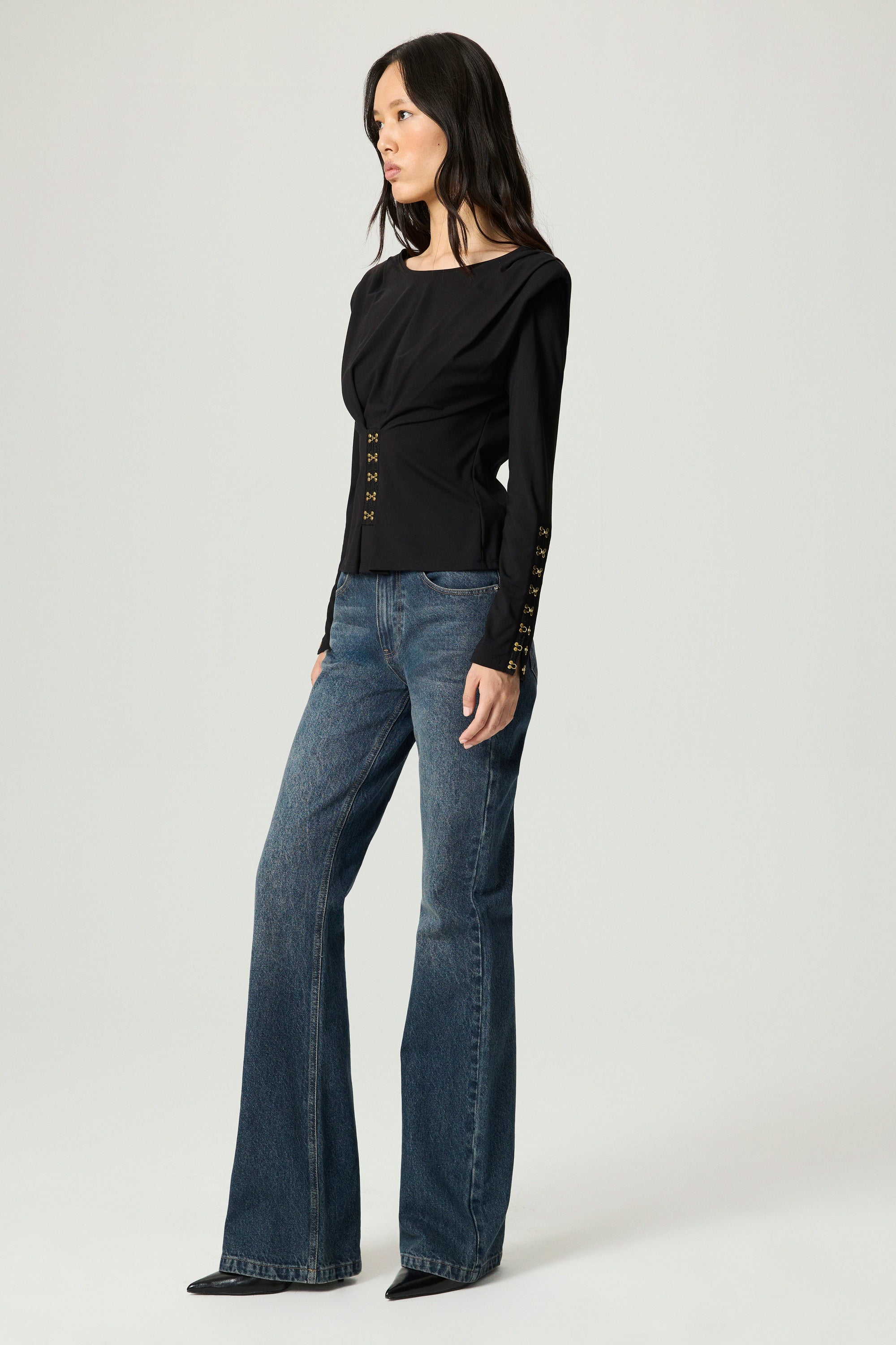 Hook-Detail Pleated Knit Blouse