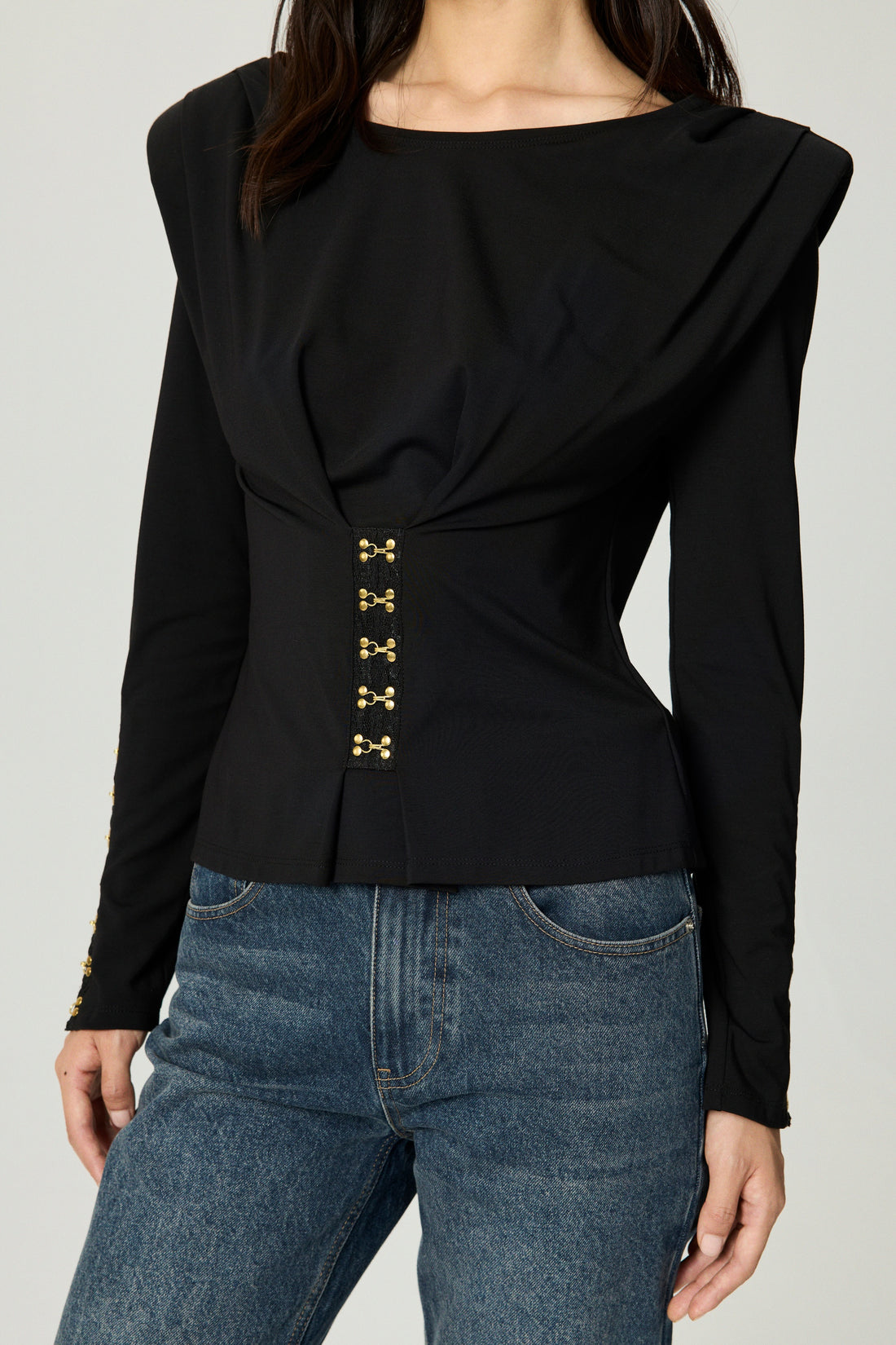 Hook-Detail Pleated Knit Blouse