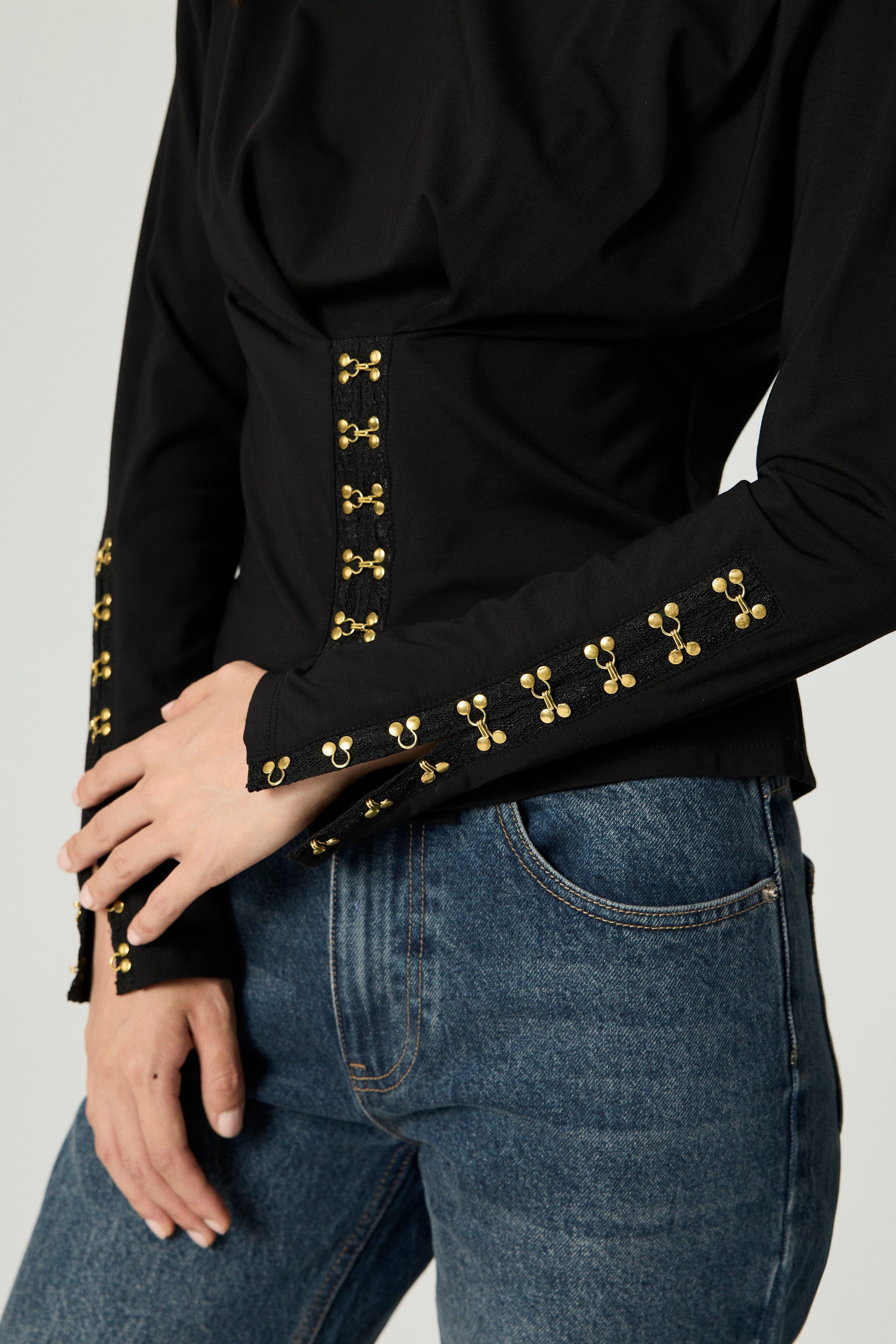 Hook-Detail Pleated Knit Blouse