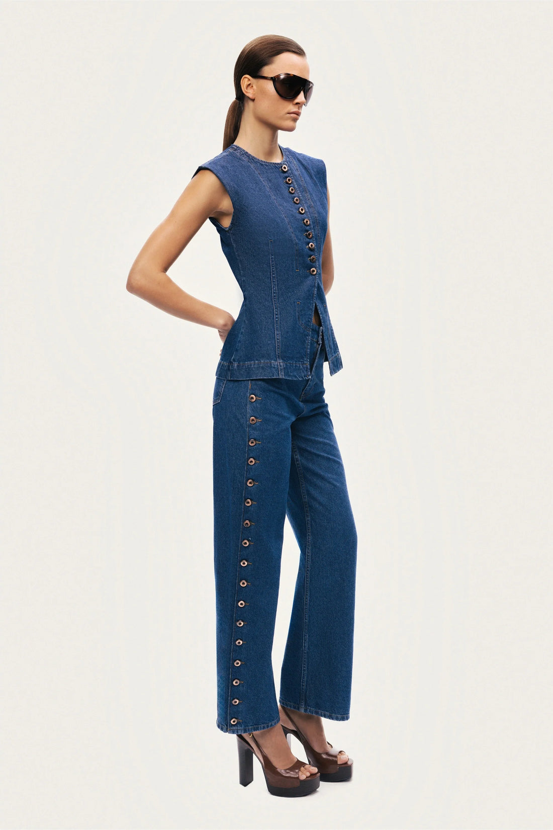 Eyelet Detail Wide-Leg Denim Pants