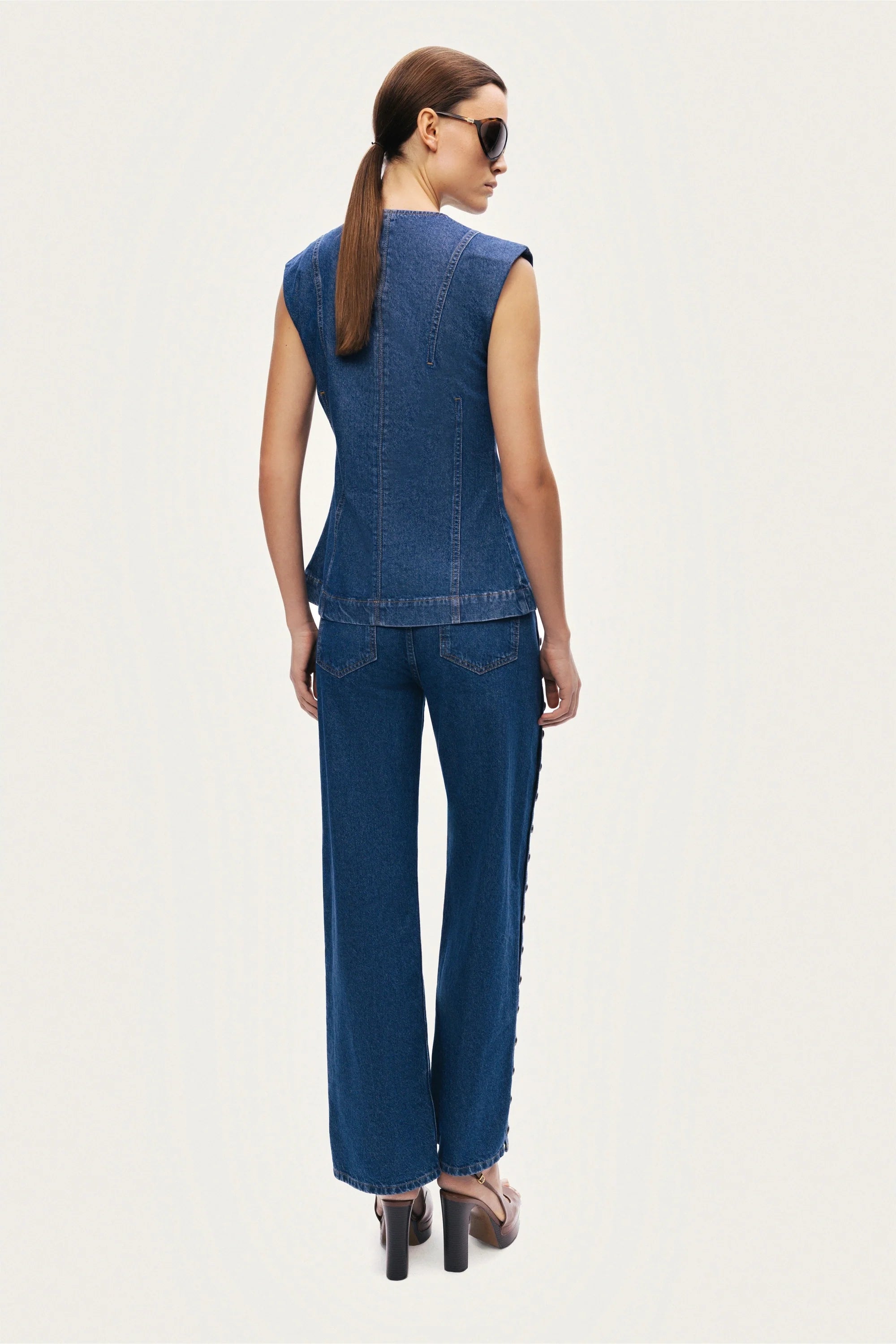 Eyelet Detail Wide-Leg Denim Pants