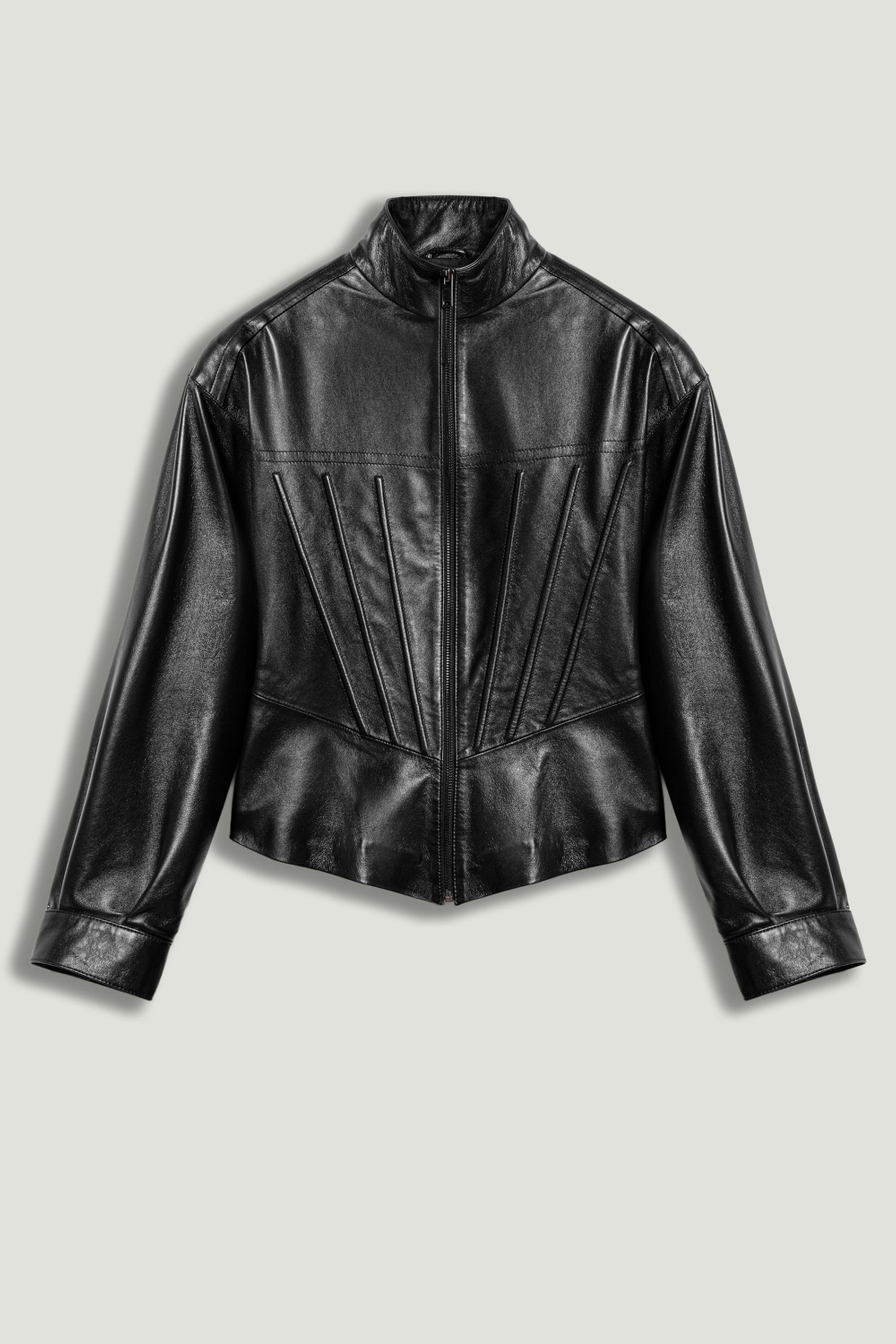 Zip-Front Fitted Leather Jacket