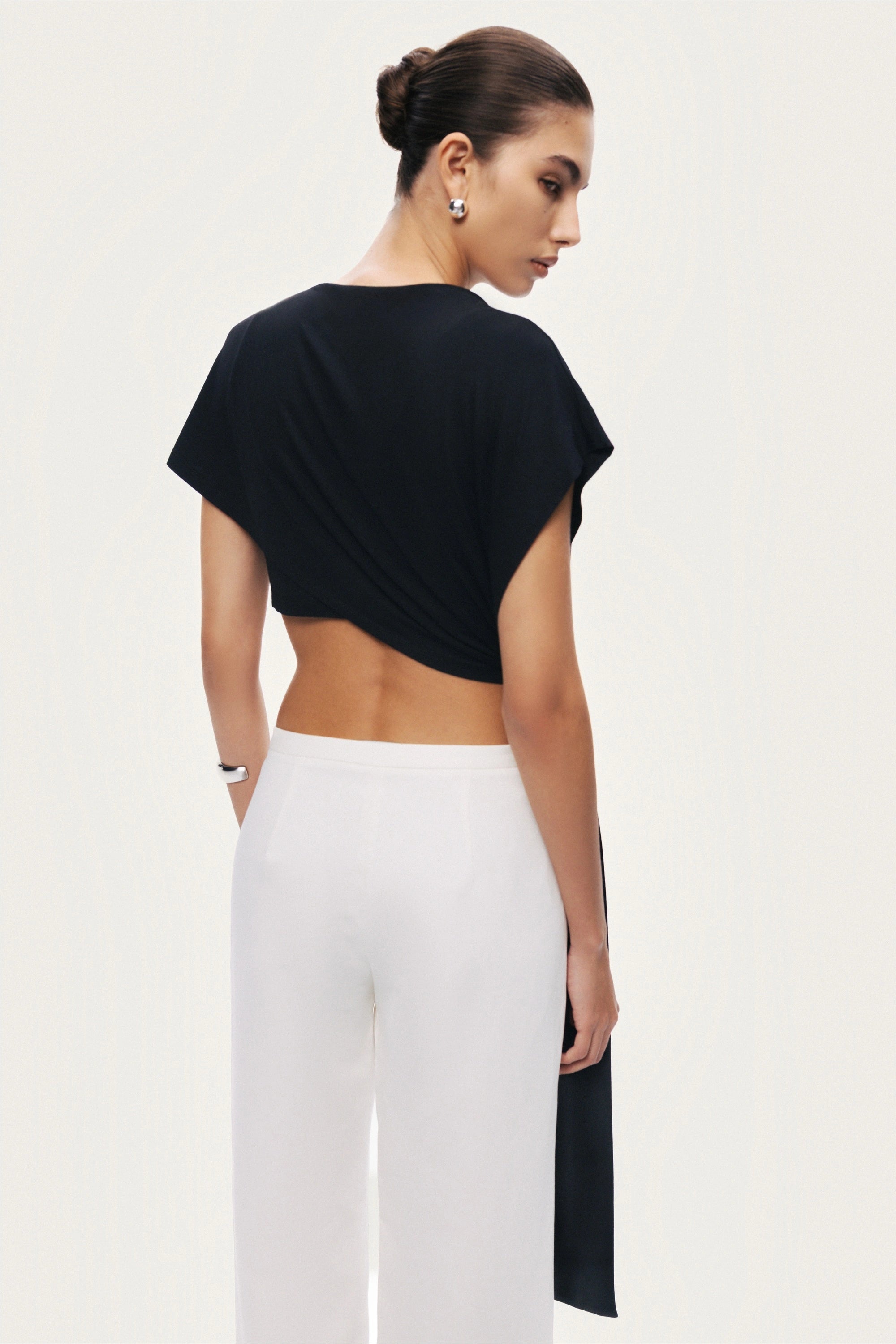 Black Asymmetric Tie-Detail Blouse