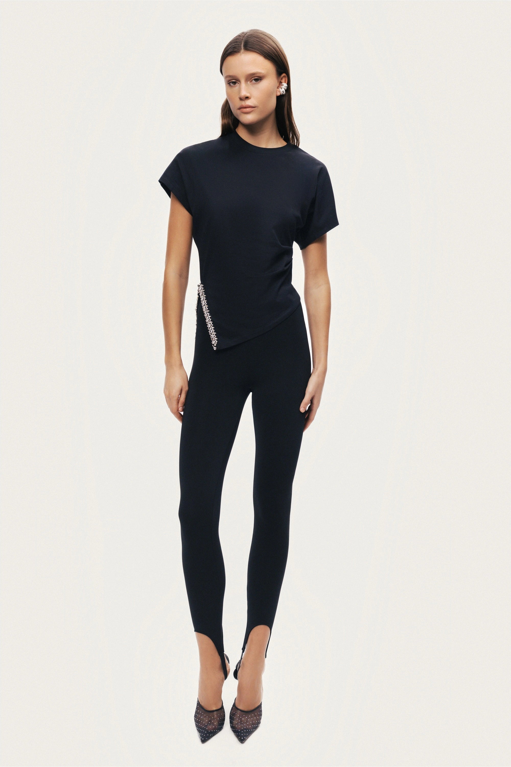 Black Embellished Asymmetric T-Shirt