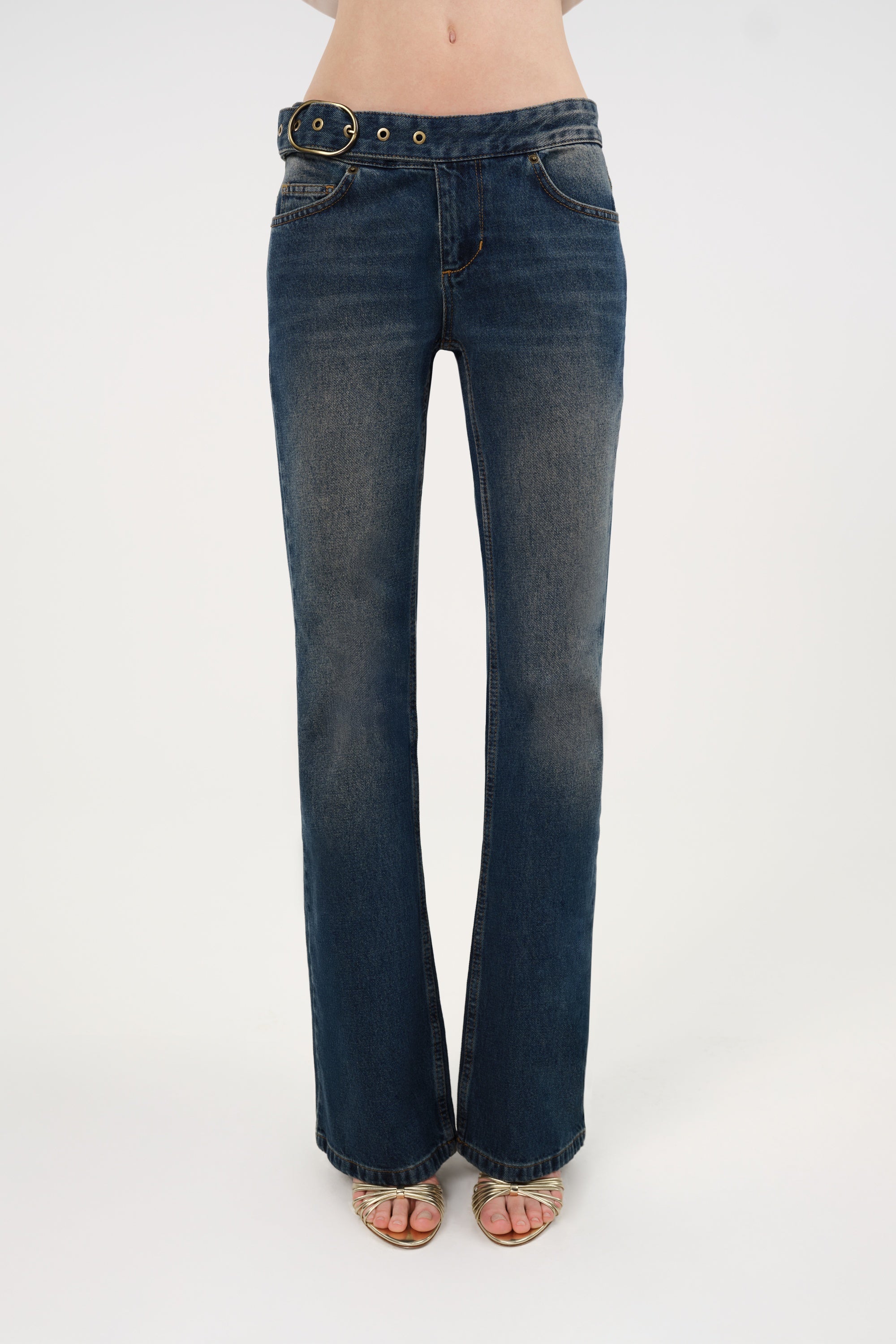 Belted Denim Flare Trousers
