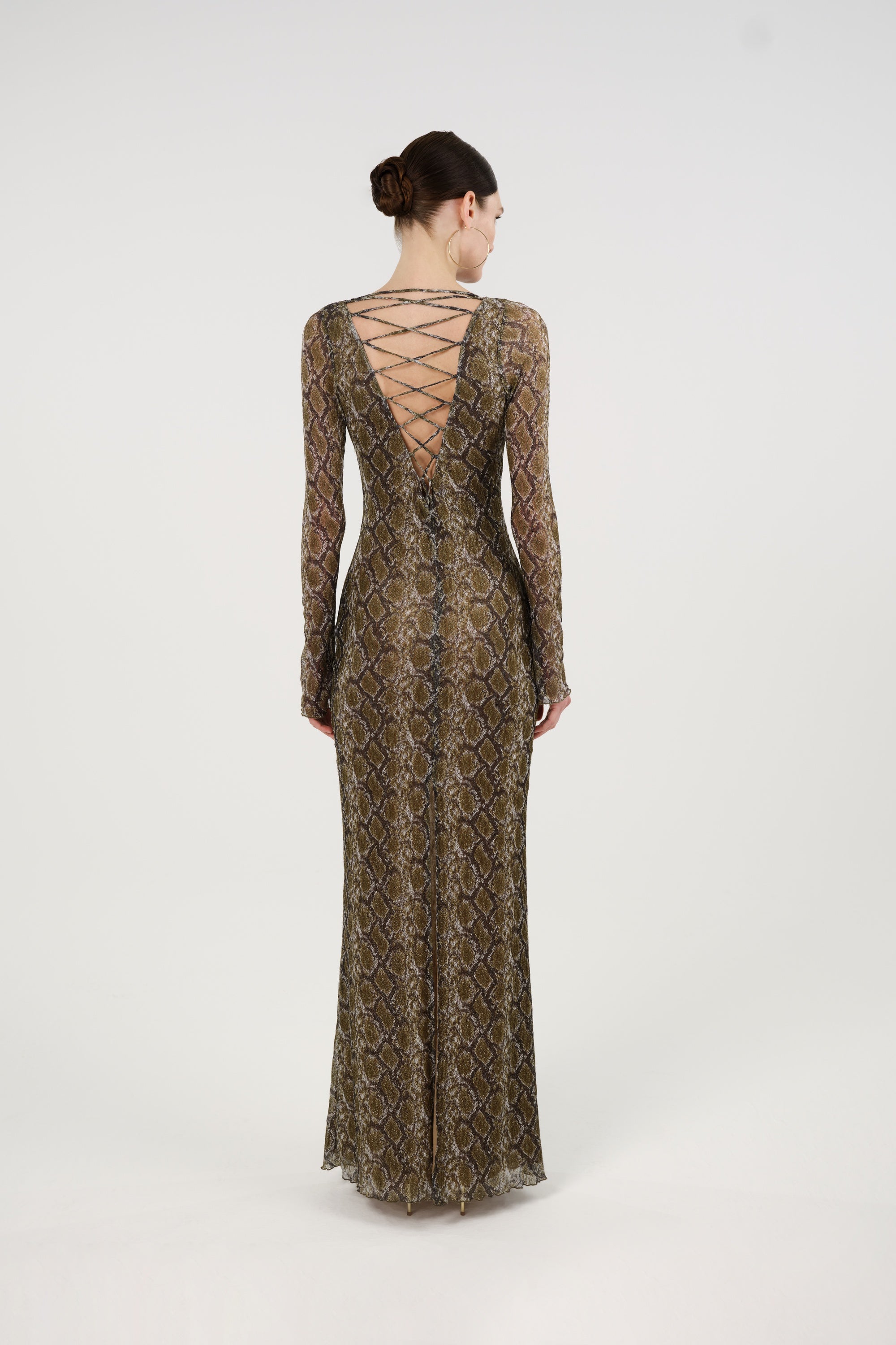 Snake Print Ring Detail Long Sleeve Maxi Dress