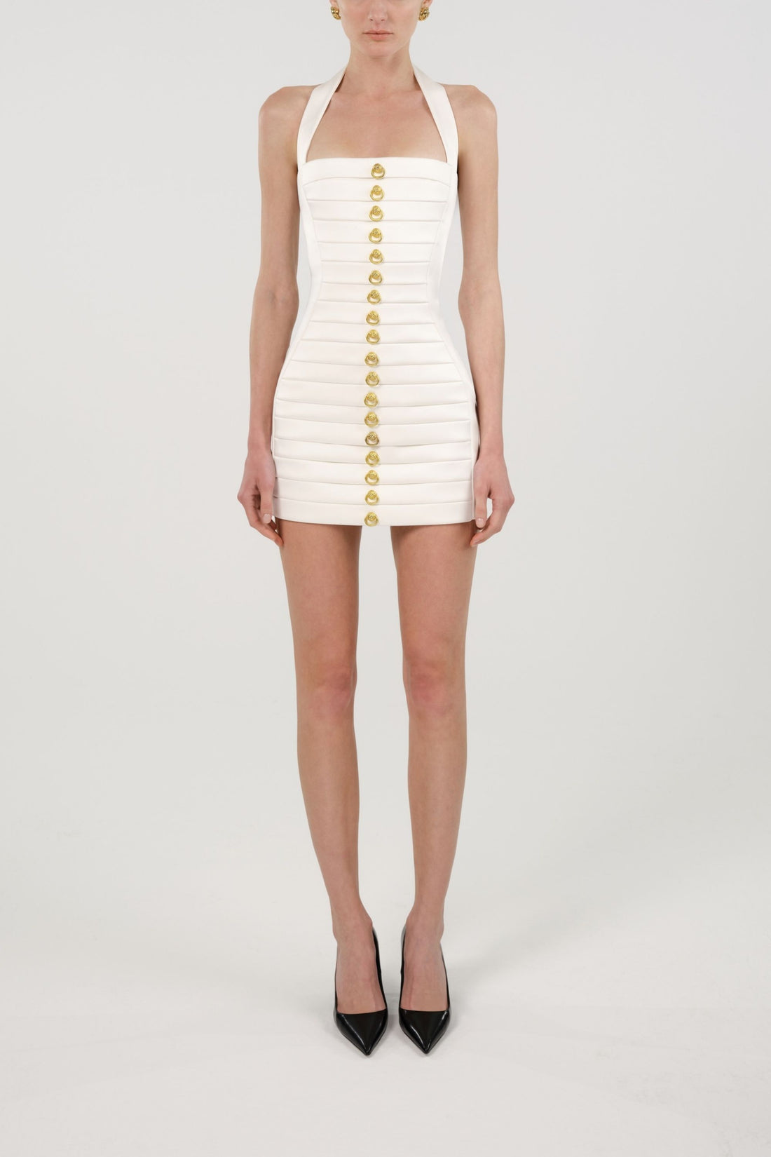 Halterneck Ruched Mini Dress with Gold Button Detail