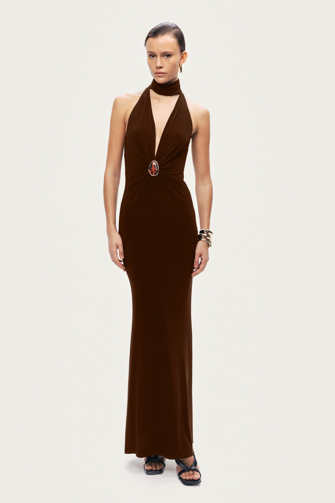 Buckle-Detail Stand Collar Maxi Dress
