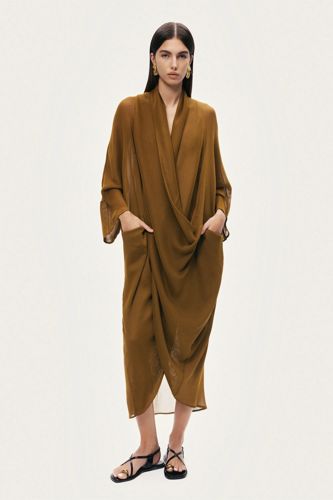 Draped V-Neck Midi Dress