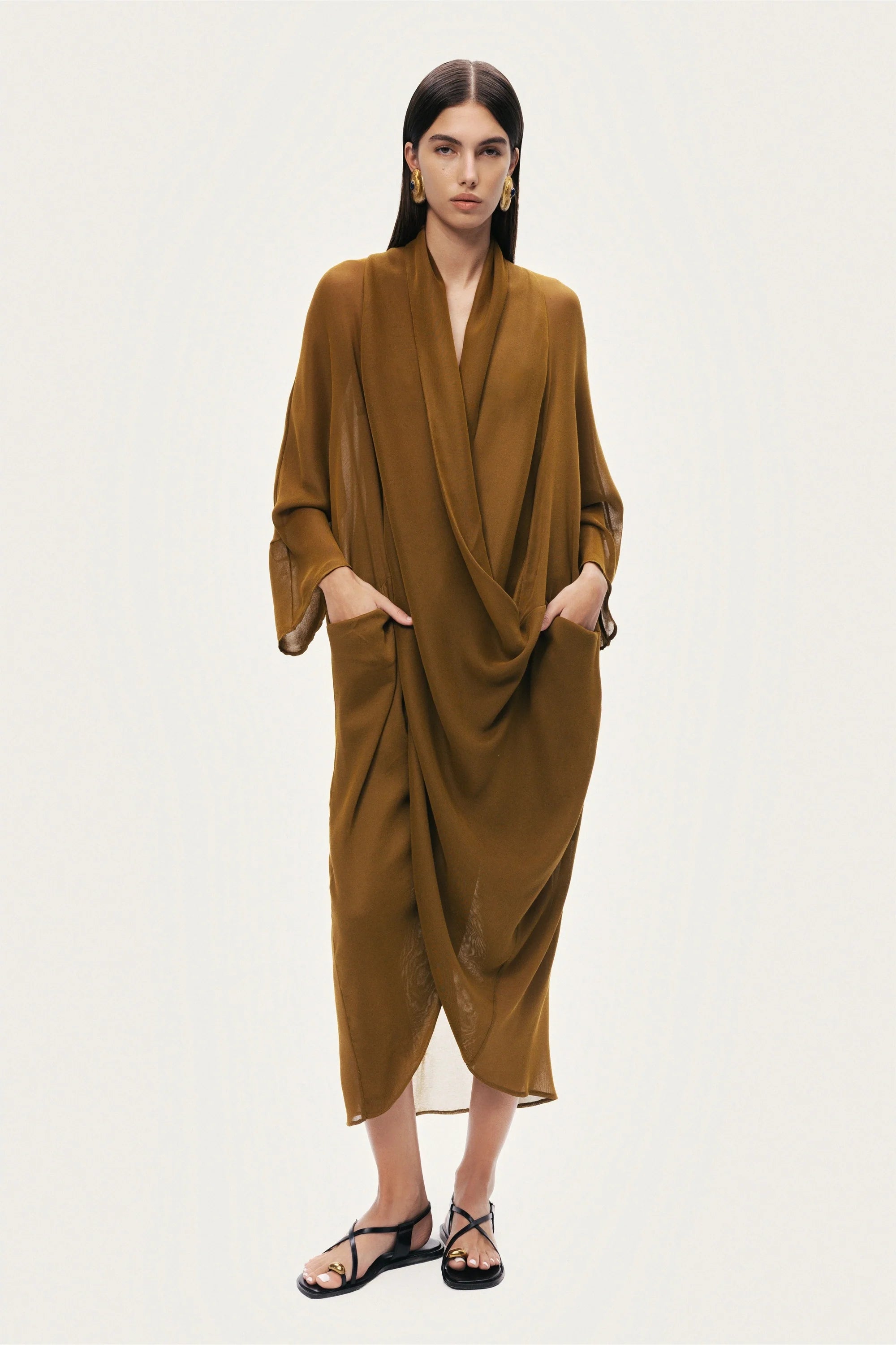 Draped V-Neck Midi Dress