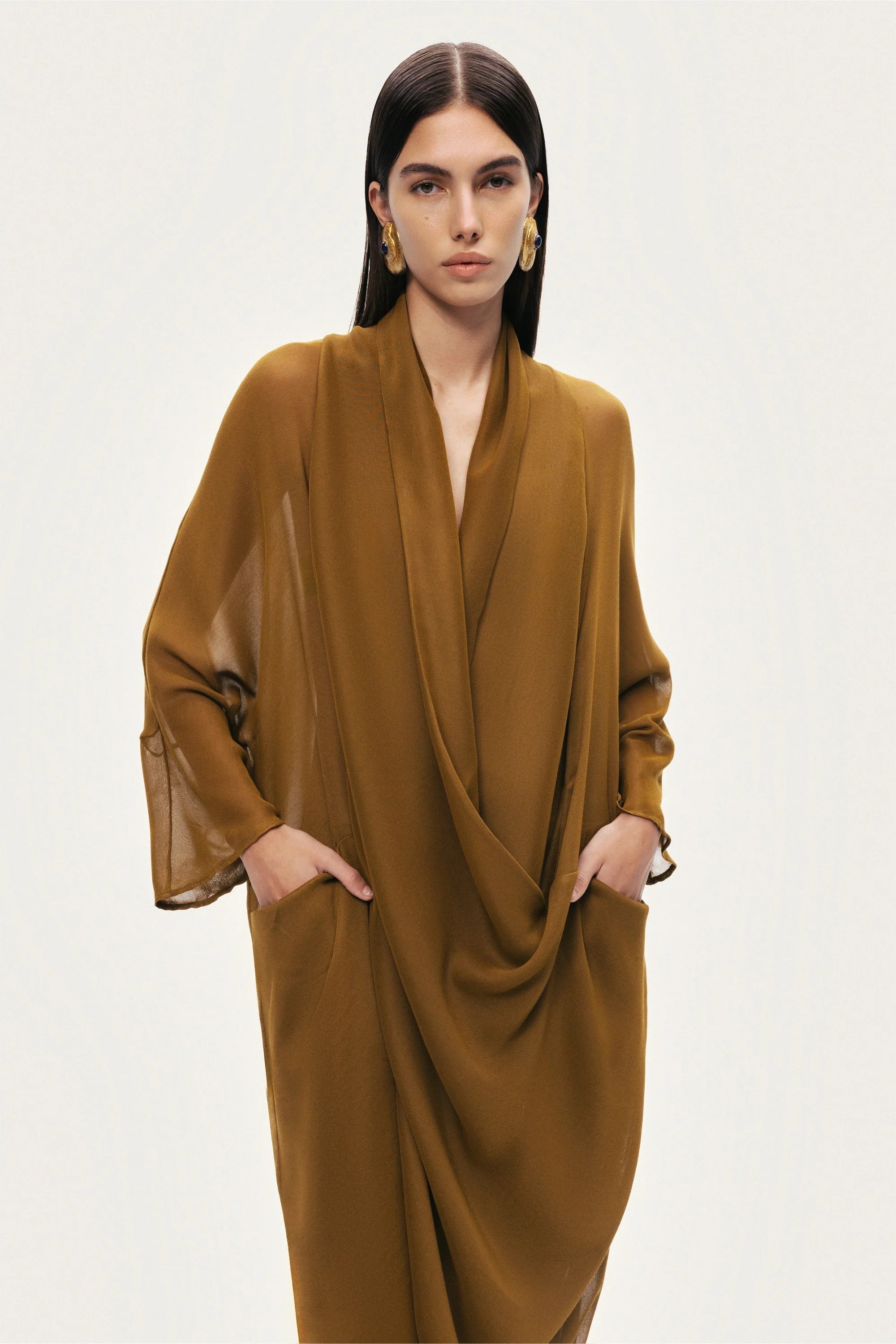 Draped V-Neck Midi Dress