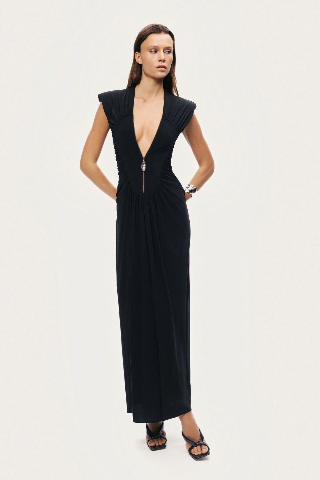 Ruched Deep V-Neck Maxi Dress