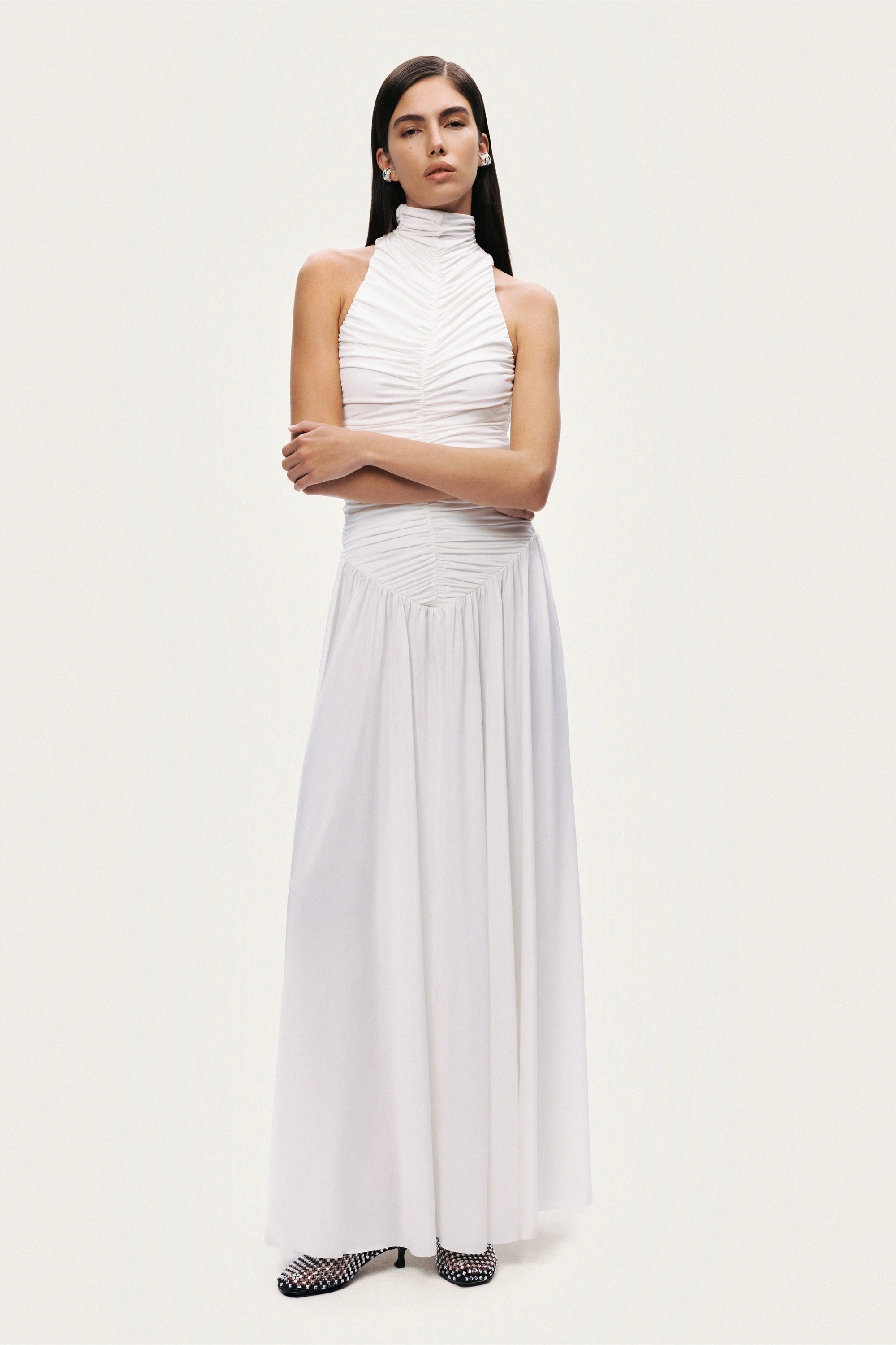 Ruched High-Neck Maxi Dress