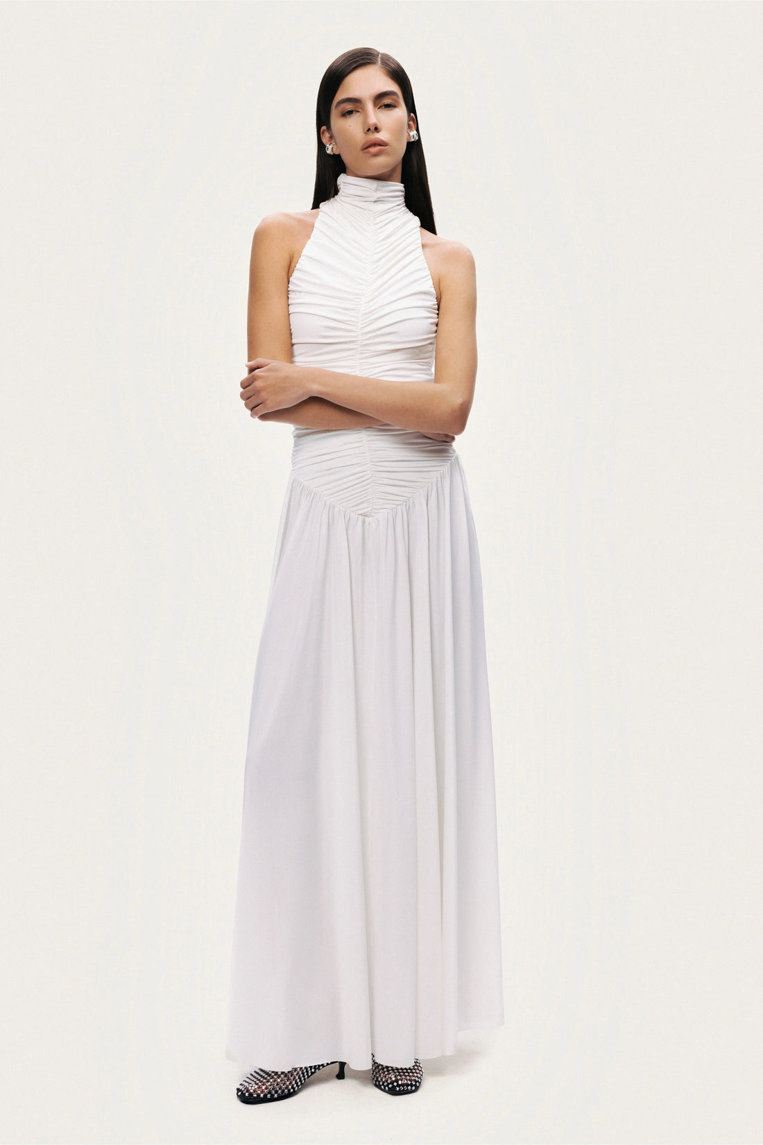 Ruched High-Neck Maxi Dress