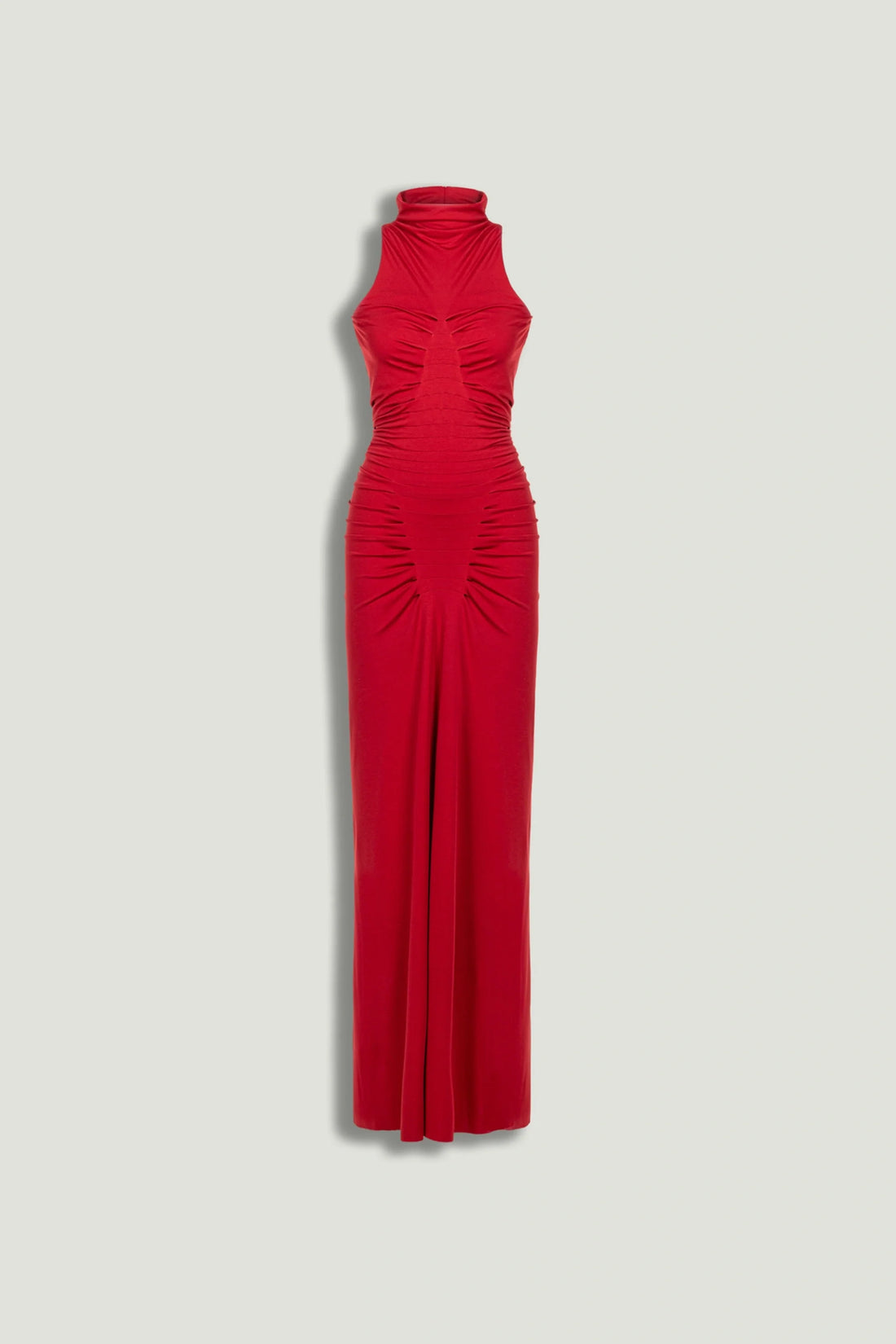 Red Ruched High-Neck Maxi Dress