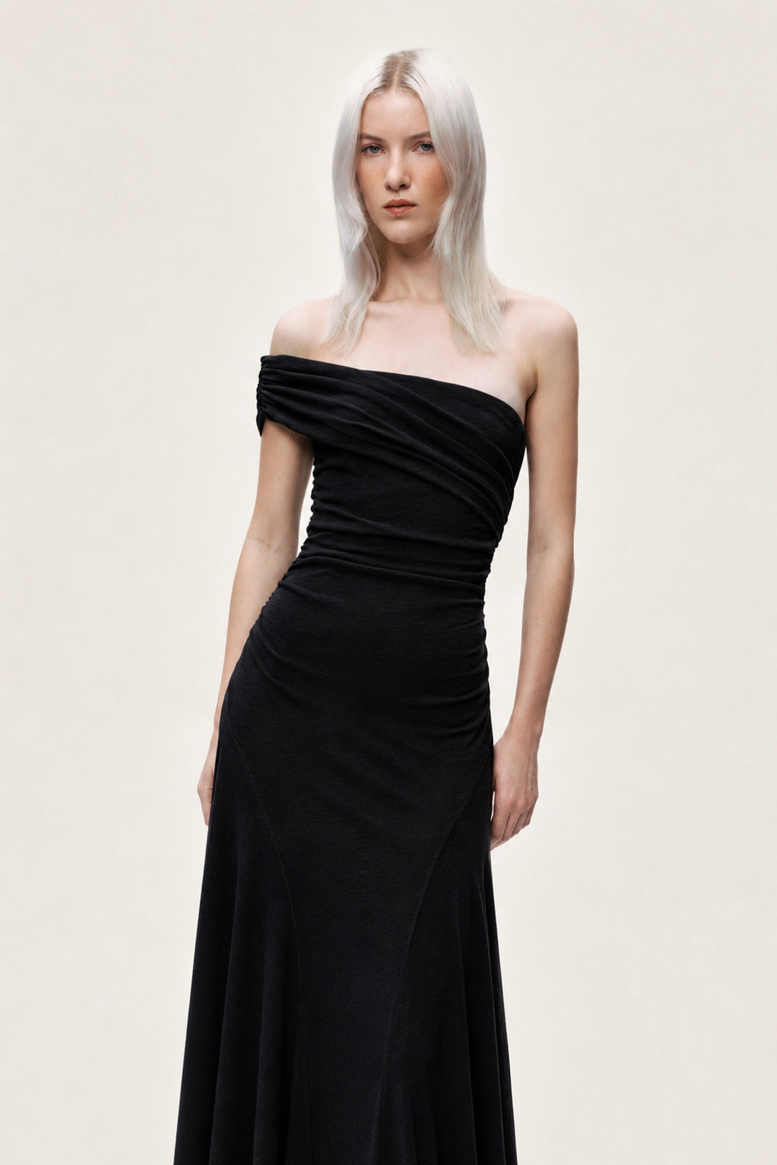 Asymmetric Off-Shoulder Ruched Maxi Dress