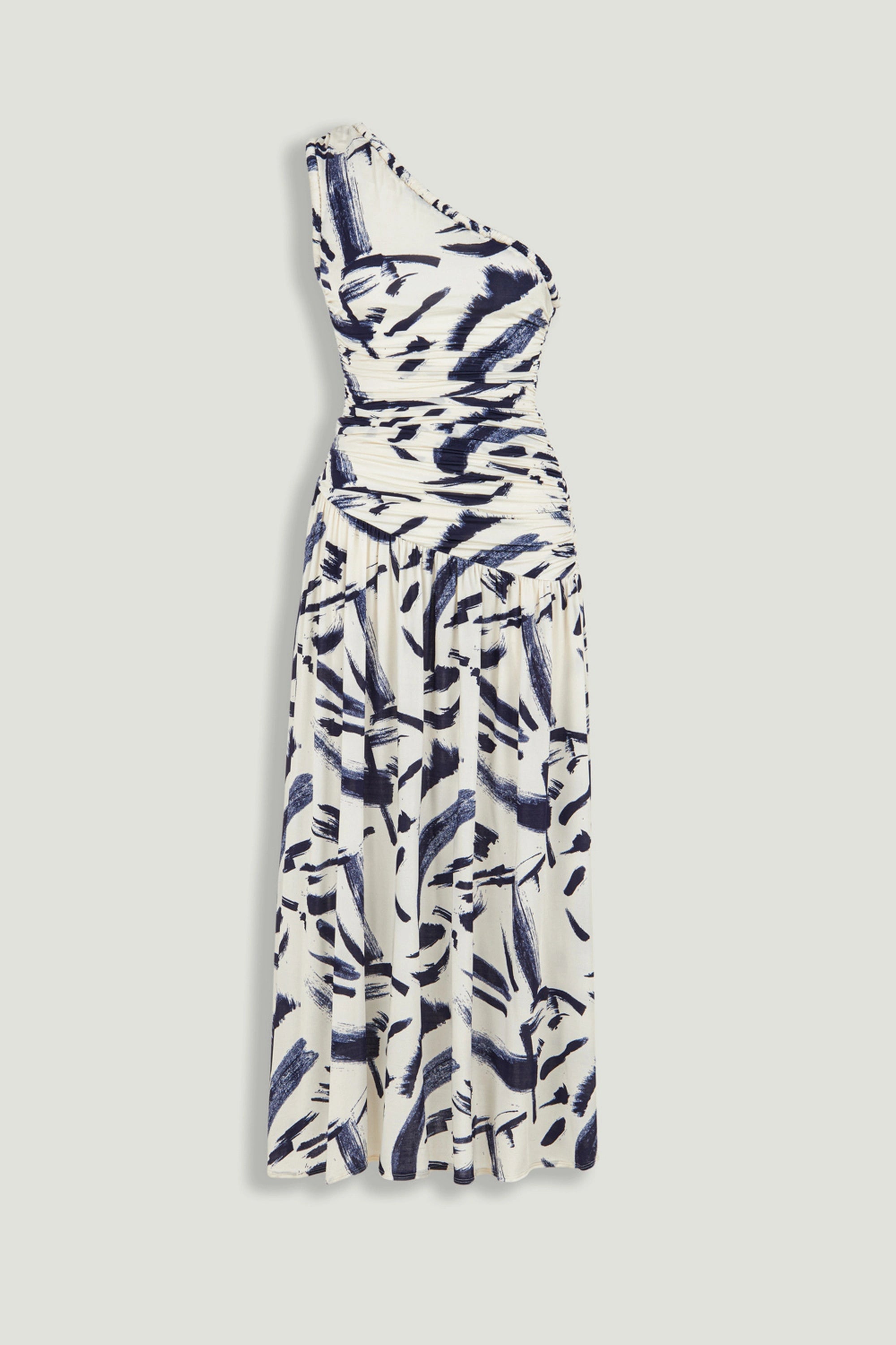 Printed One-Shoulder Draped Midi Dress