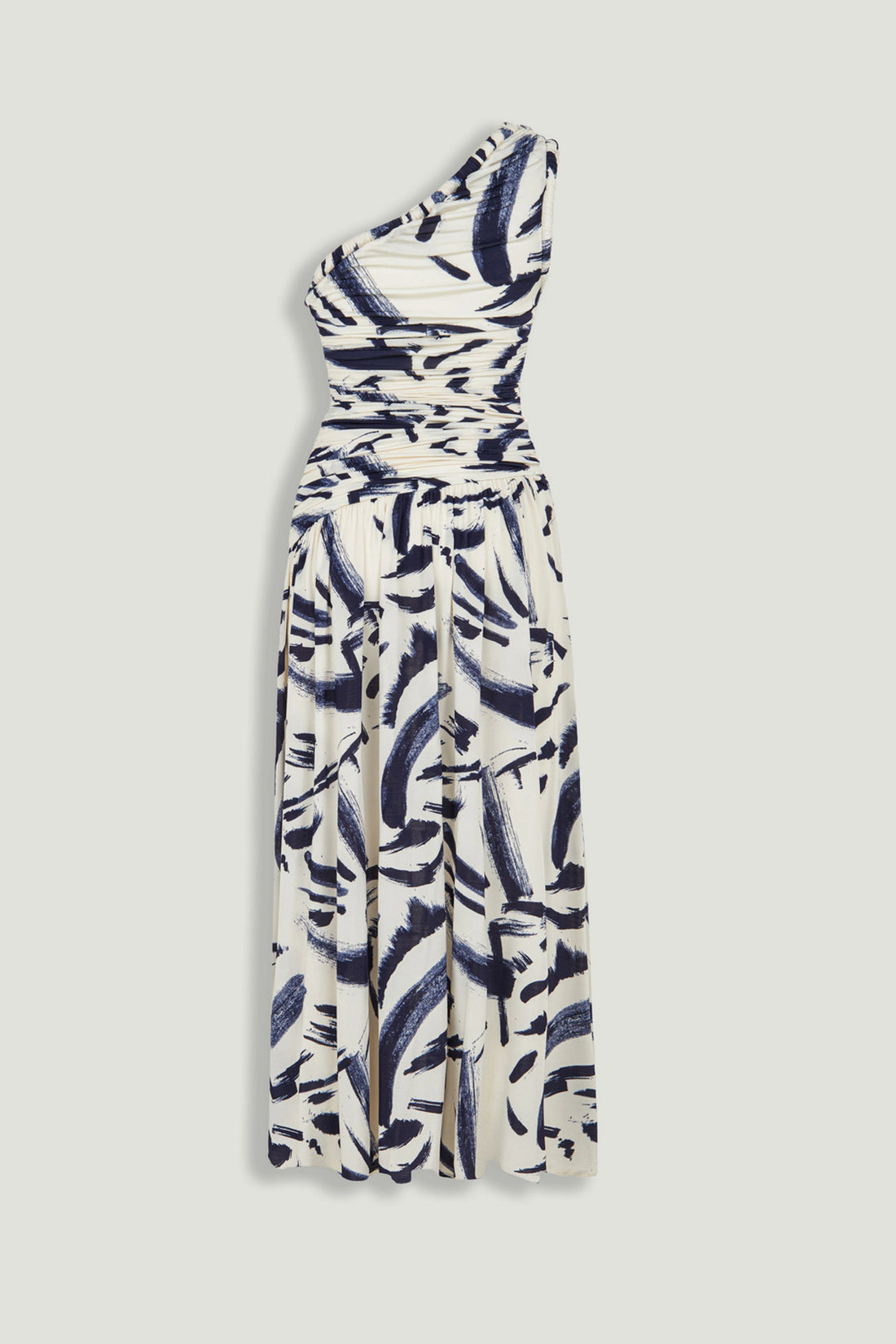Printed One-Shoulder Draped Midi Dress