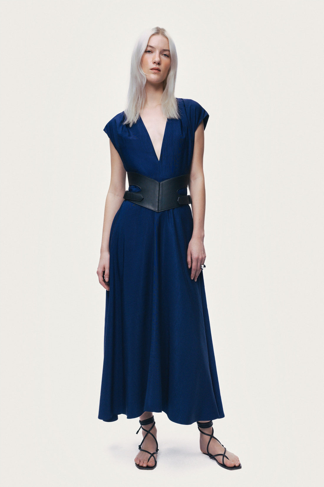 V-Neck Belted Midi Dress