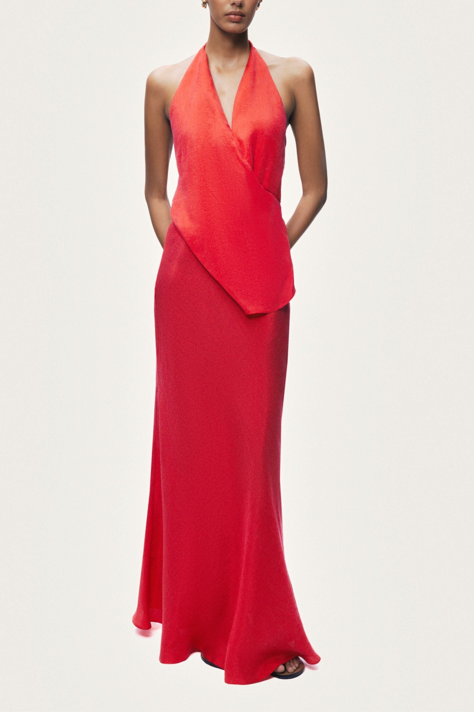 Asymmetric Open-Back Halter Maxi Dress