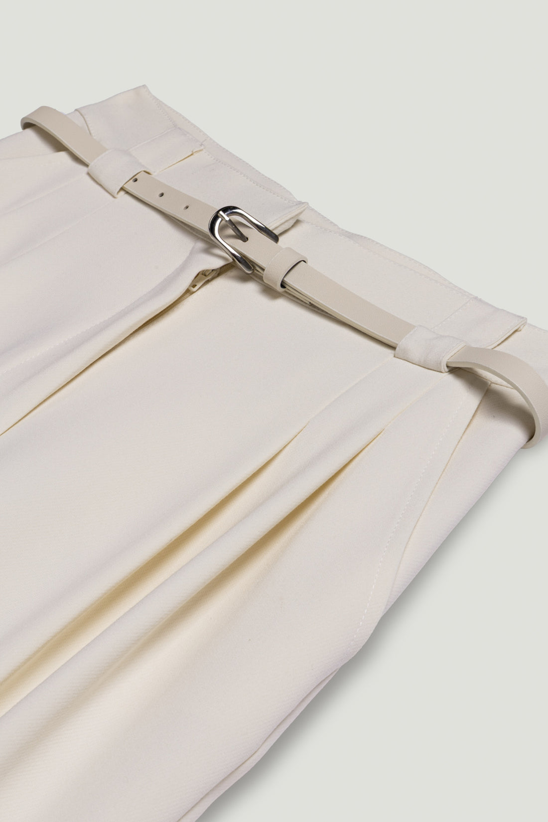 Ecru Belted Pleat Front Tapered Trousers