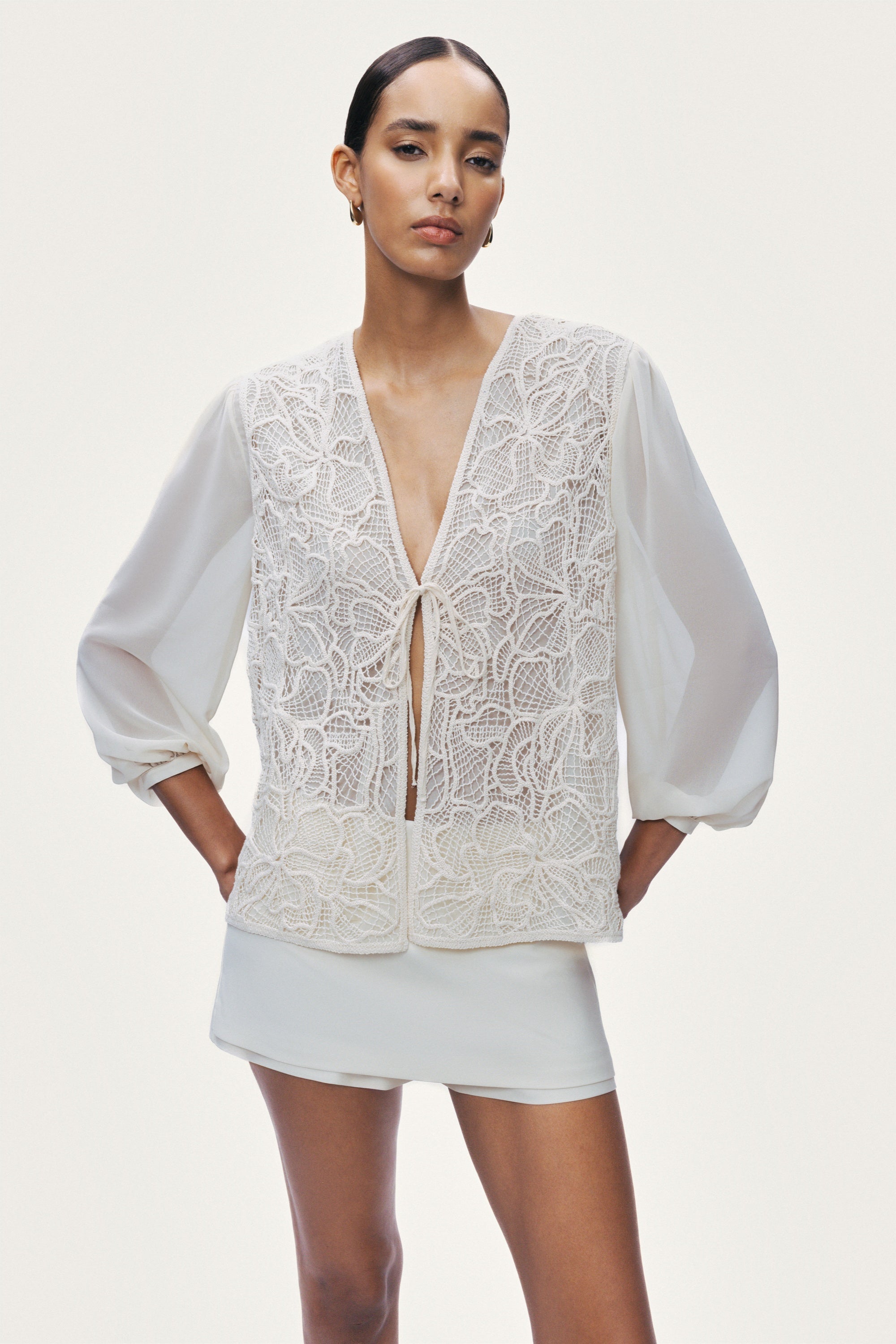 Beige Lace Front Sheer Sleeve Jacket