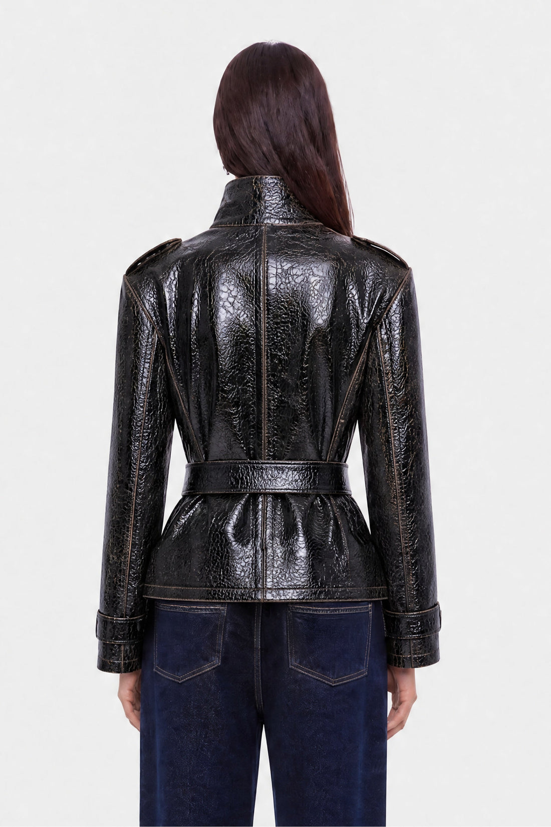 Belted Leather Effect Cropped Trench Jacket