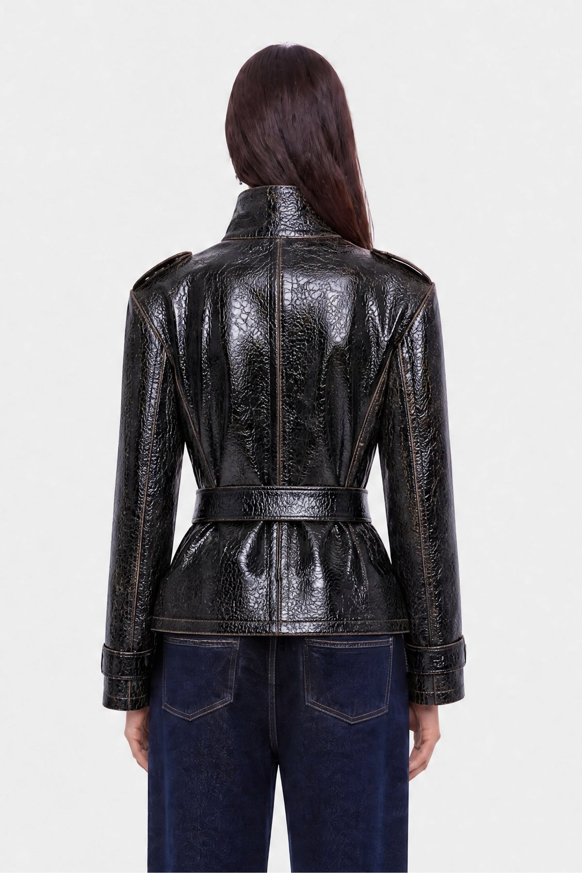 Belted Leather Effect Cropped Trench Jacket
