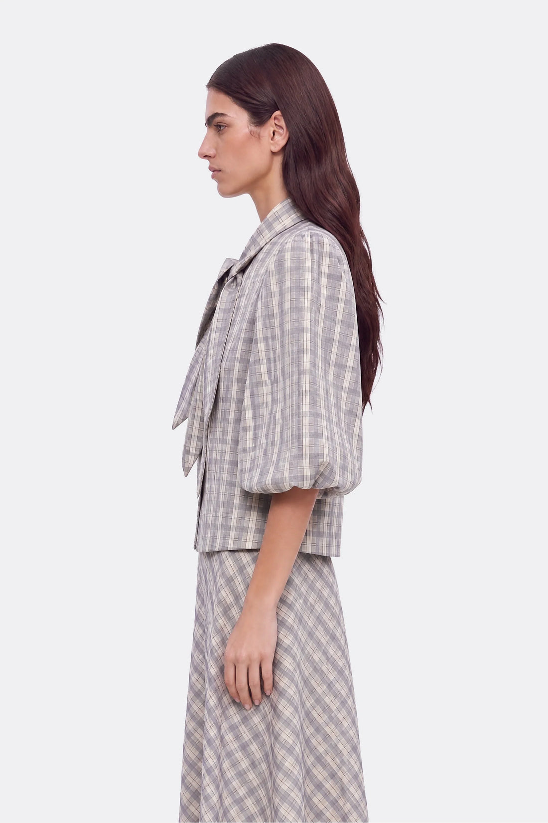 Checked Tie Neck Cropped Shirt
