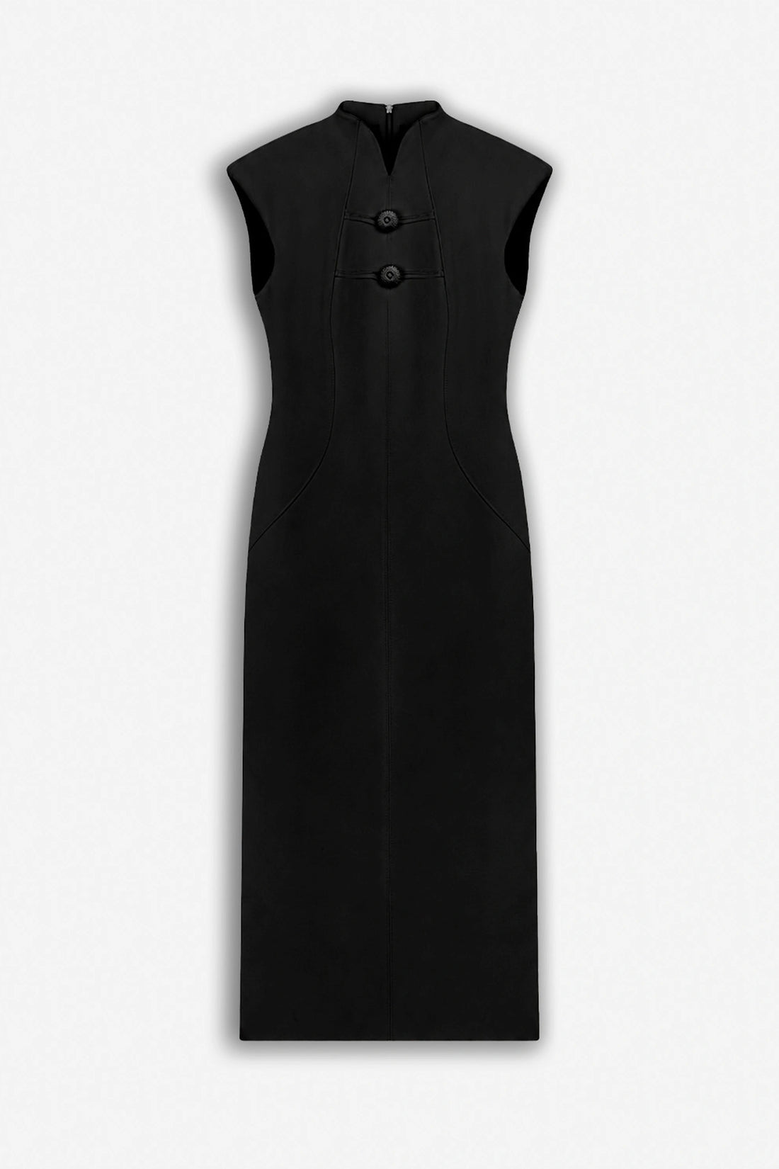 Padded-Shoulder Button-Detail Maxi Dress
