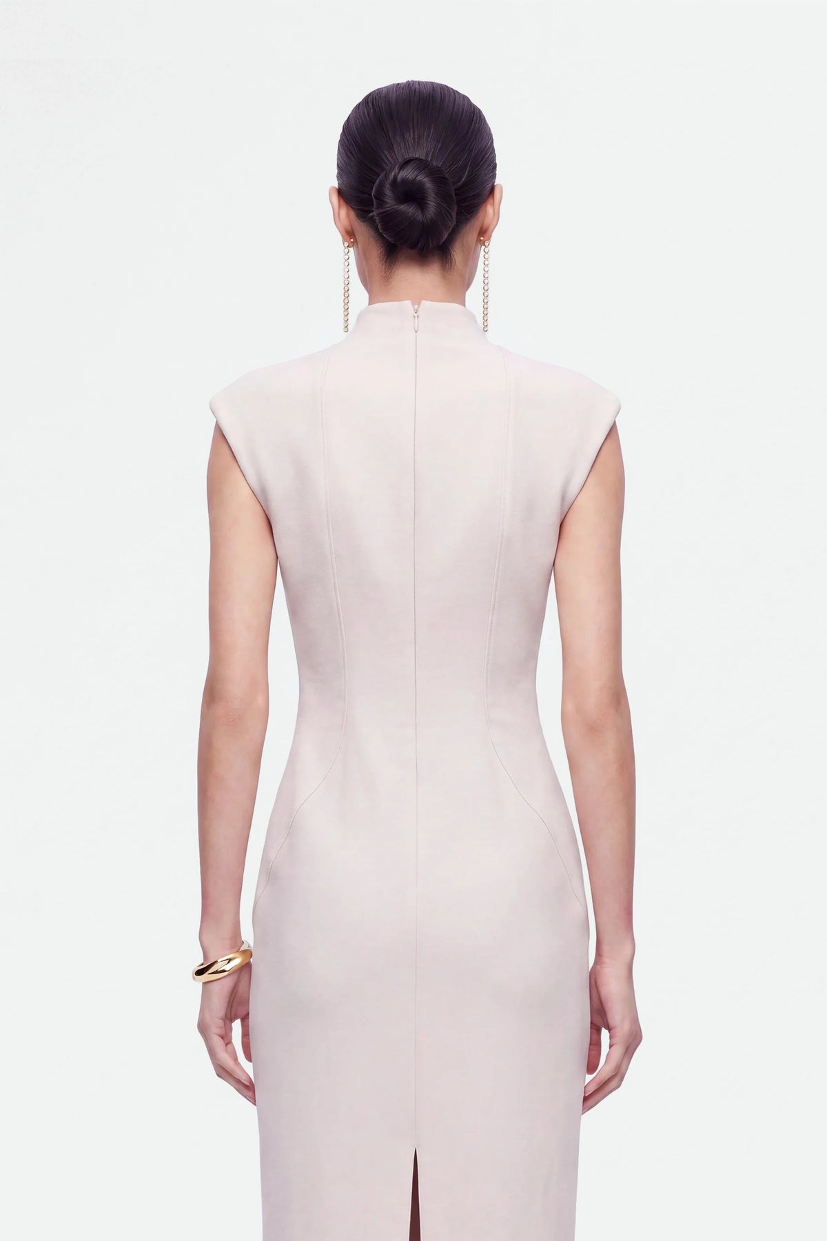 Padded-Shoulder Button-Detail Maxi Dress