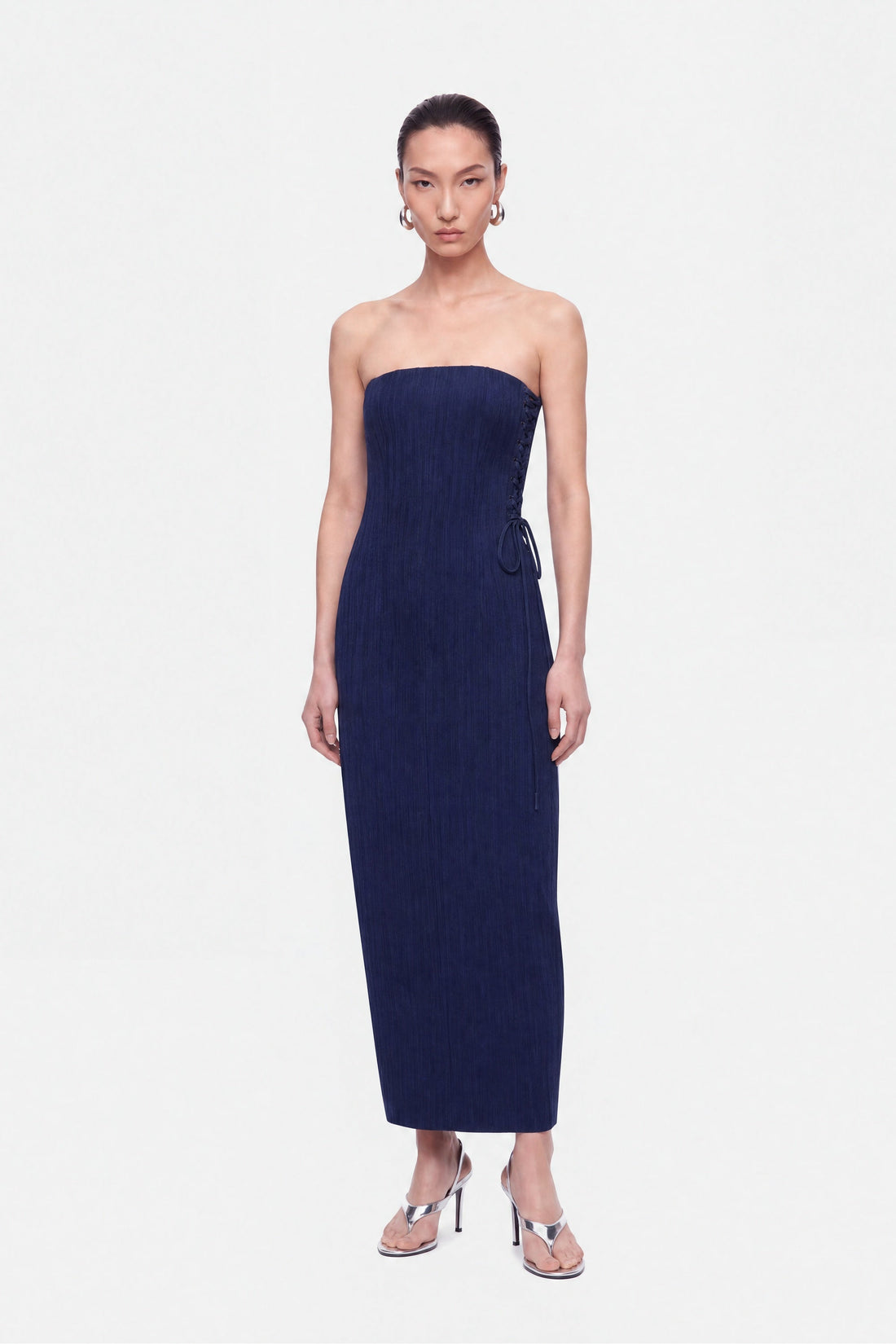 Strapless Lace-Up Midi Dress