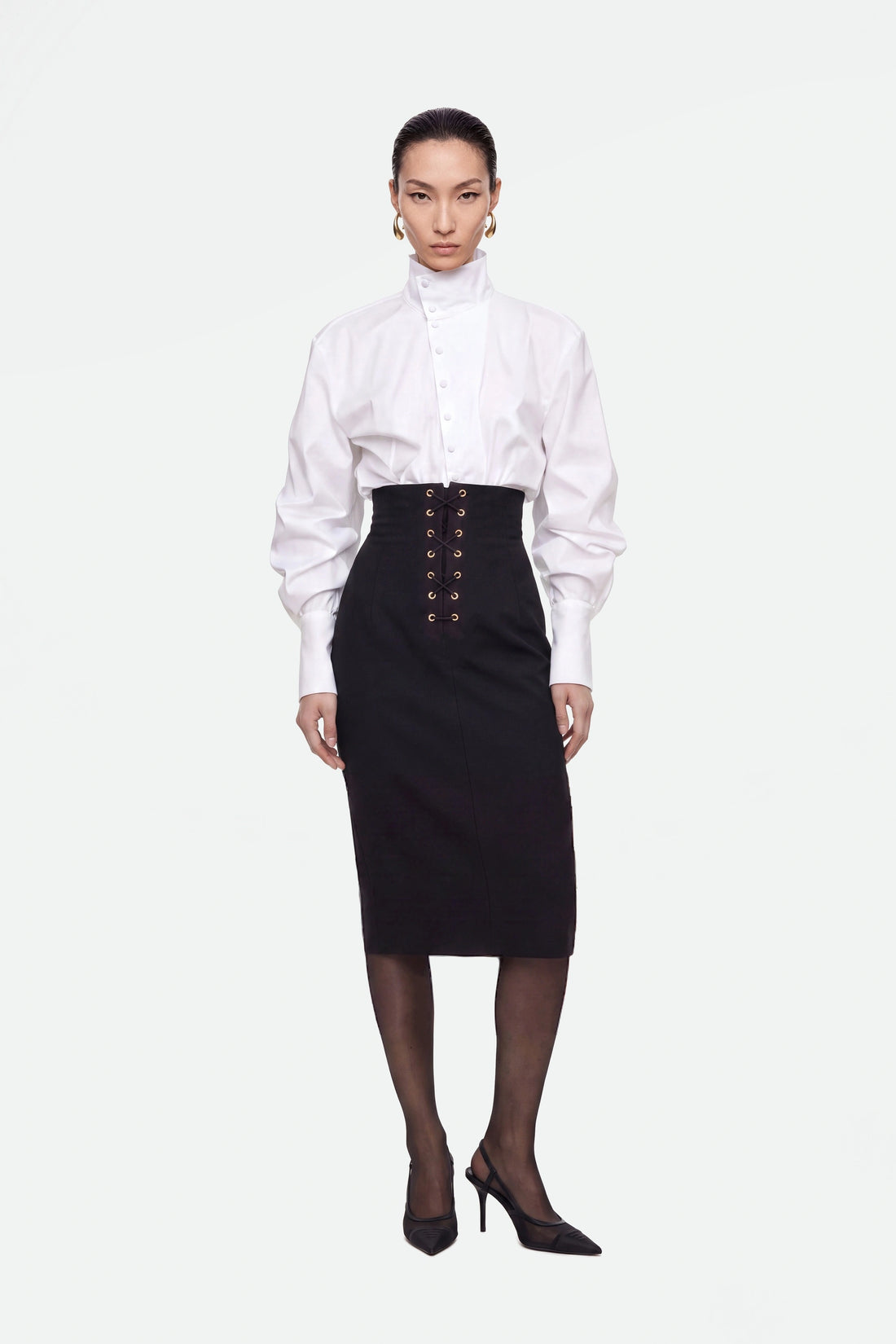 Eyelet-Detail High-Waist Midi Skirt