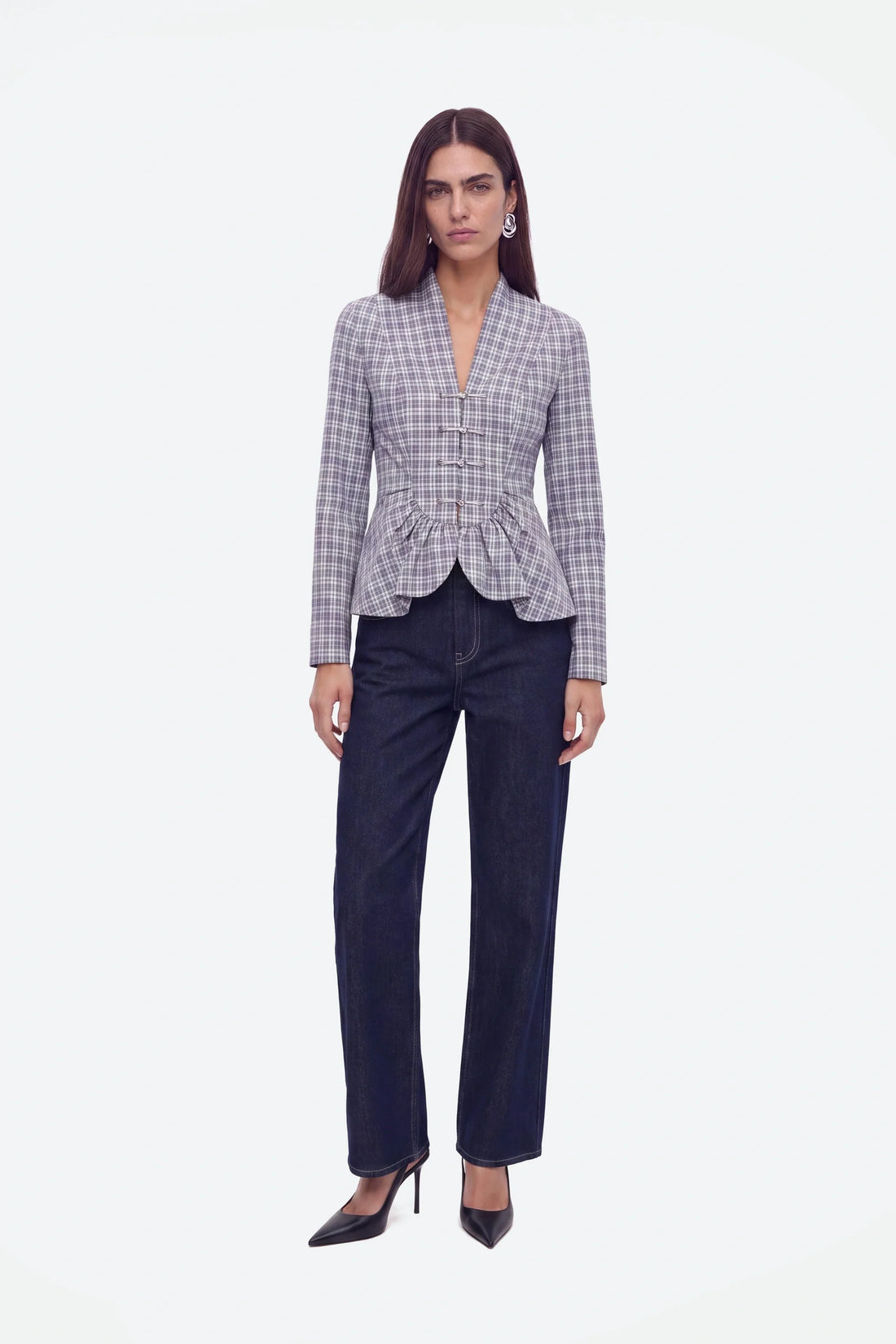 Checked Clasp Peplum Blouse