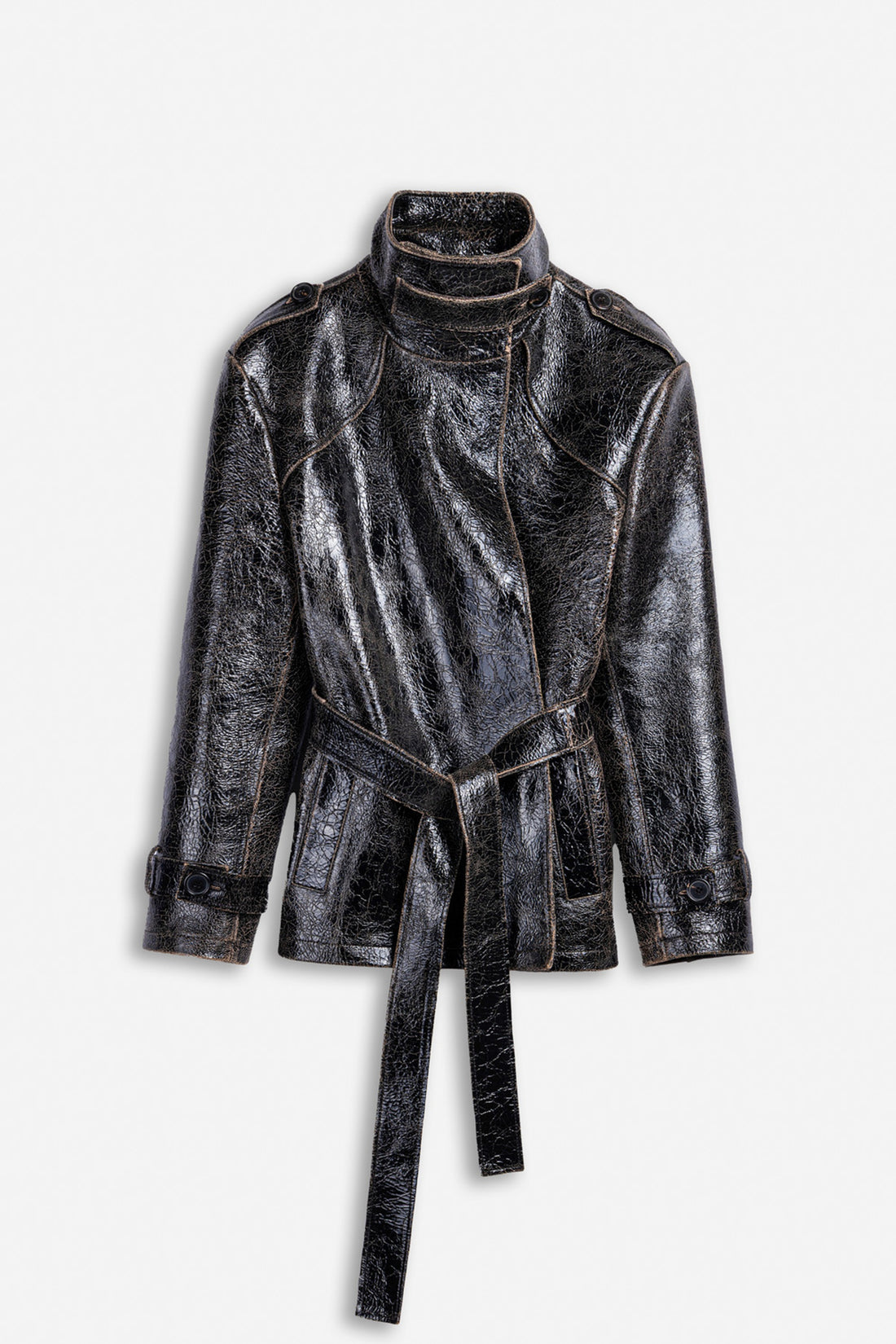 Belted Leather Effect Cropped Trench Jacket