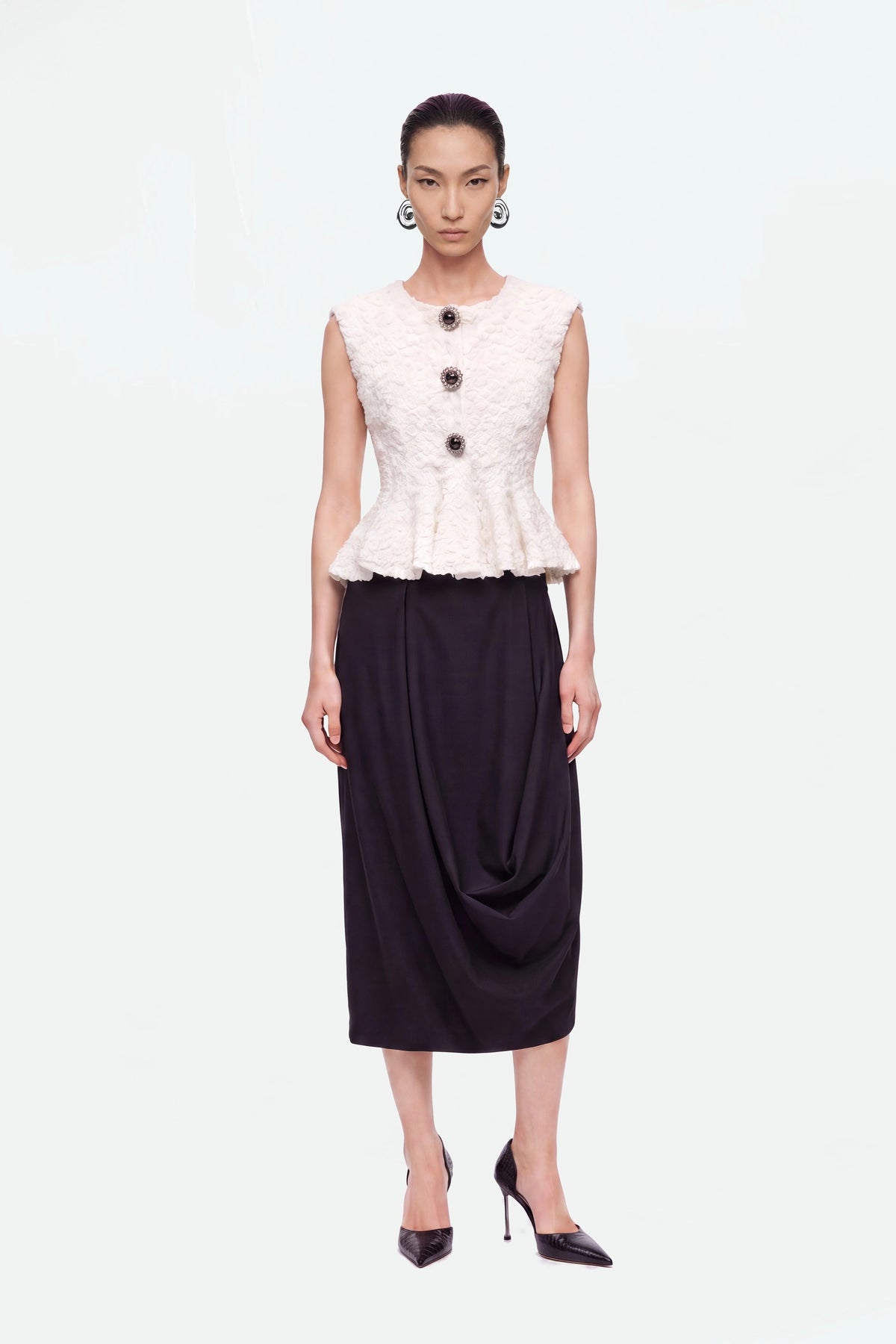 Draped Pleat-Detail Midi Skirt
