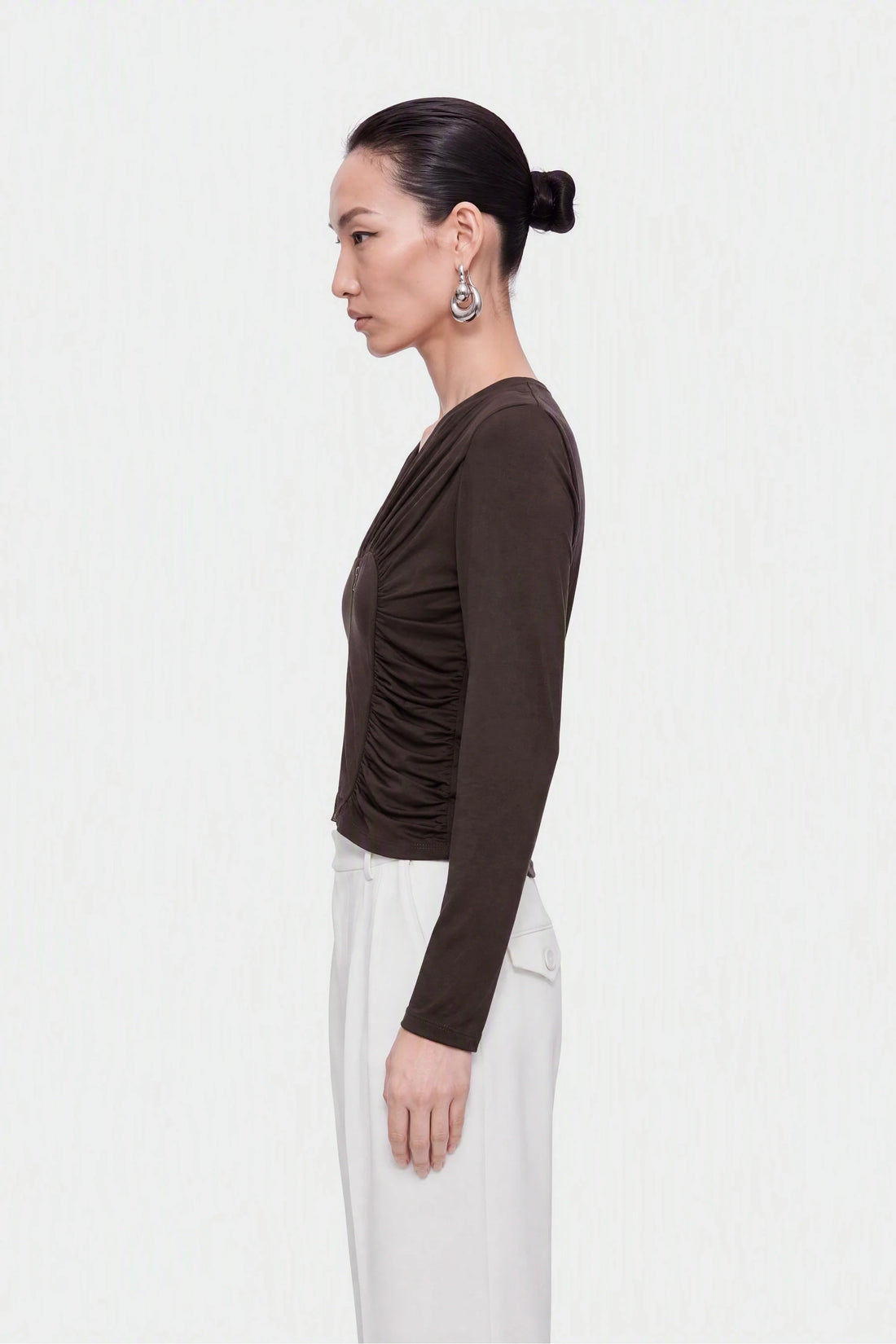 Ruffle Trim Zip Front Blouse