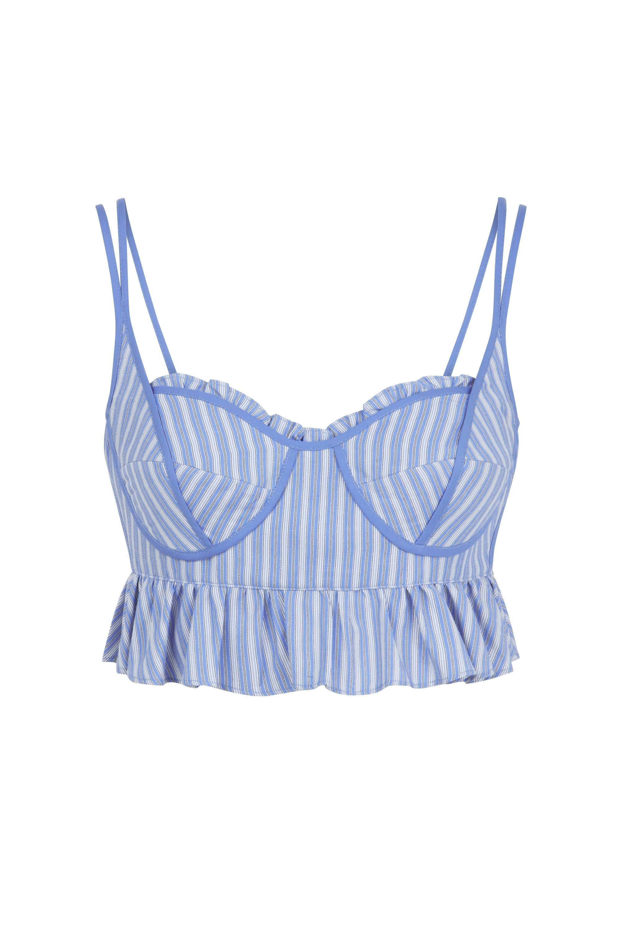 Blue Striped Ruffle Crop Top