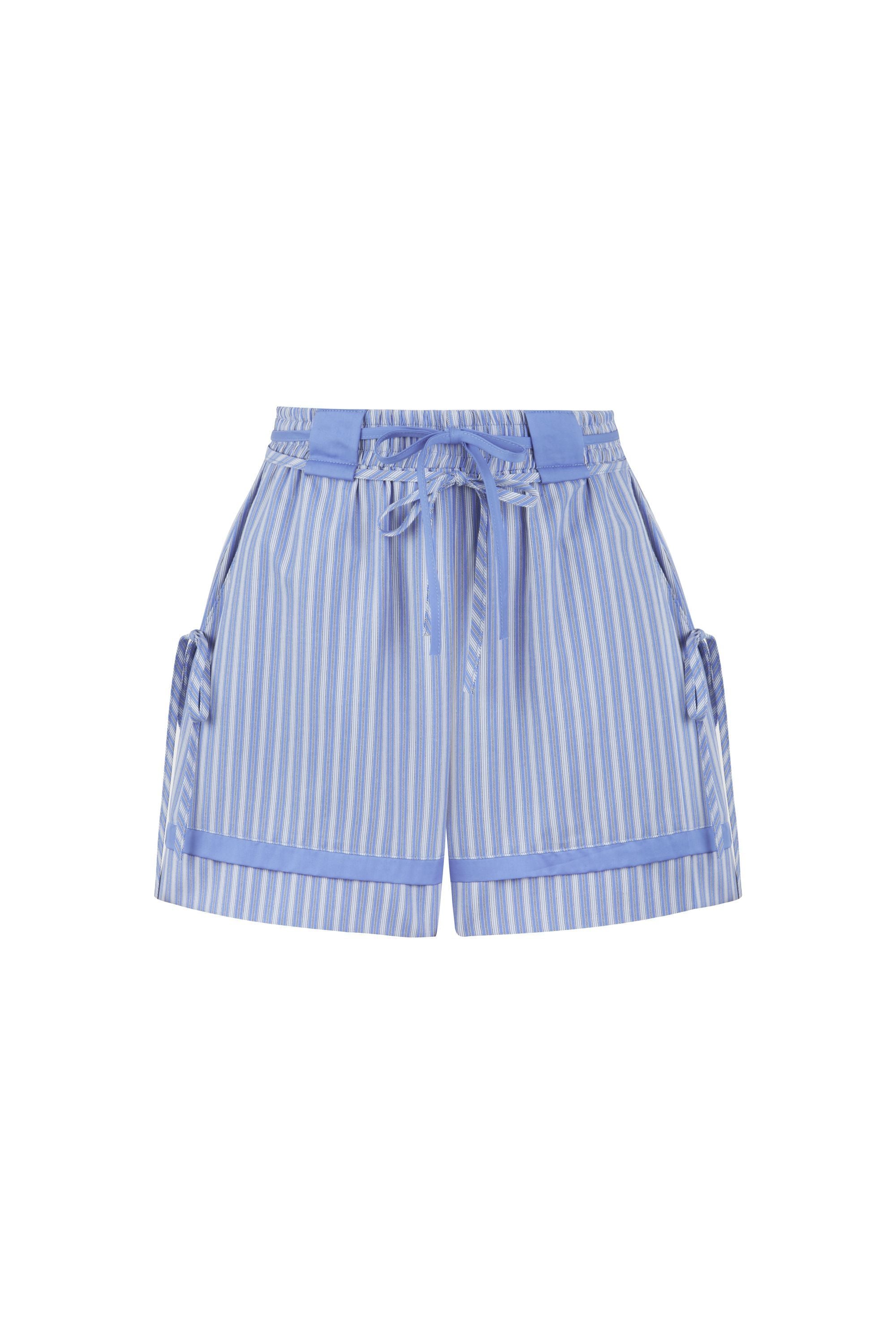 Blue Striped Lace-Up Mini Shorts