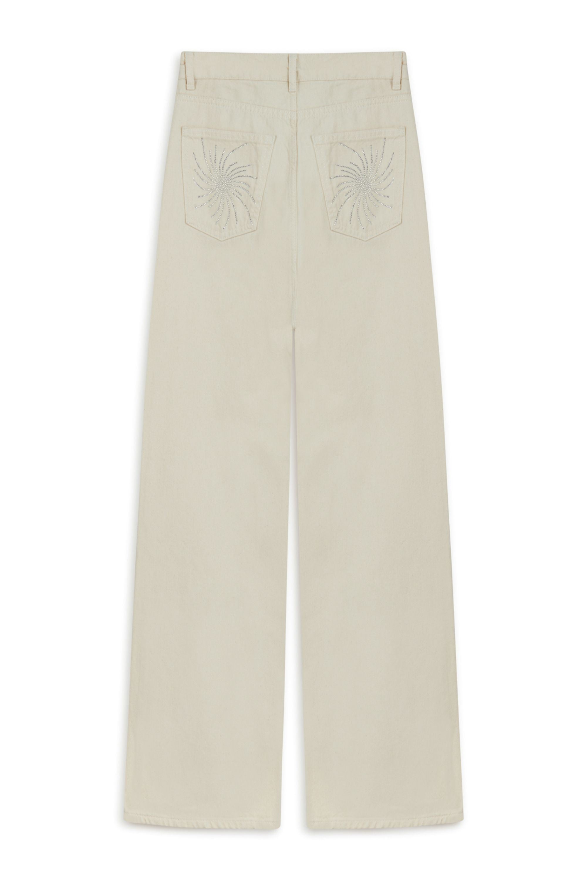 Ecru Stone Detailed Wide Leg Jeans