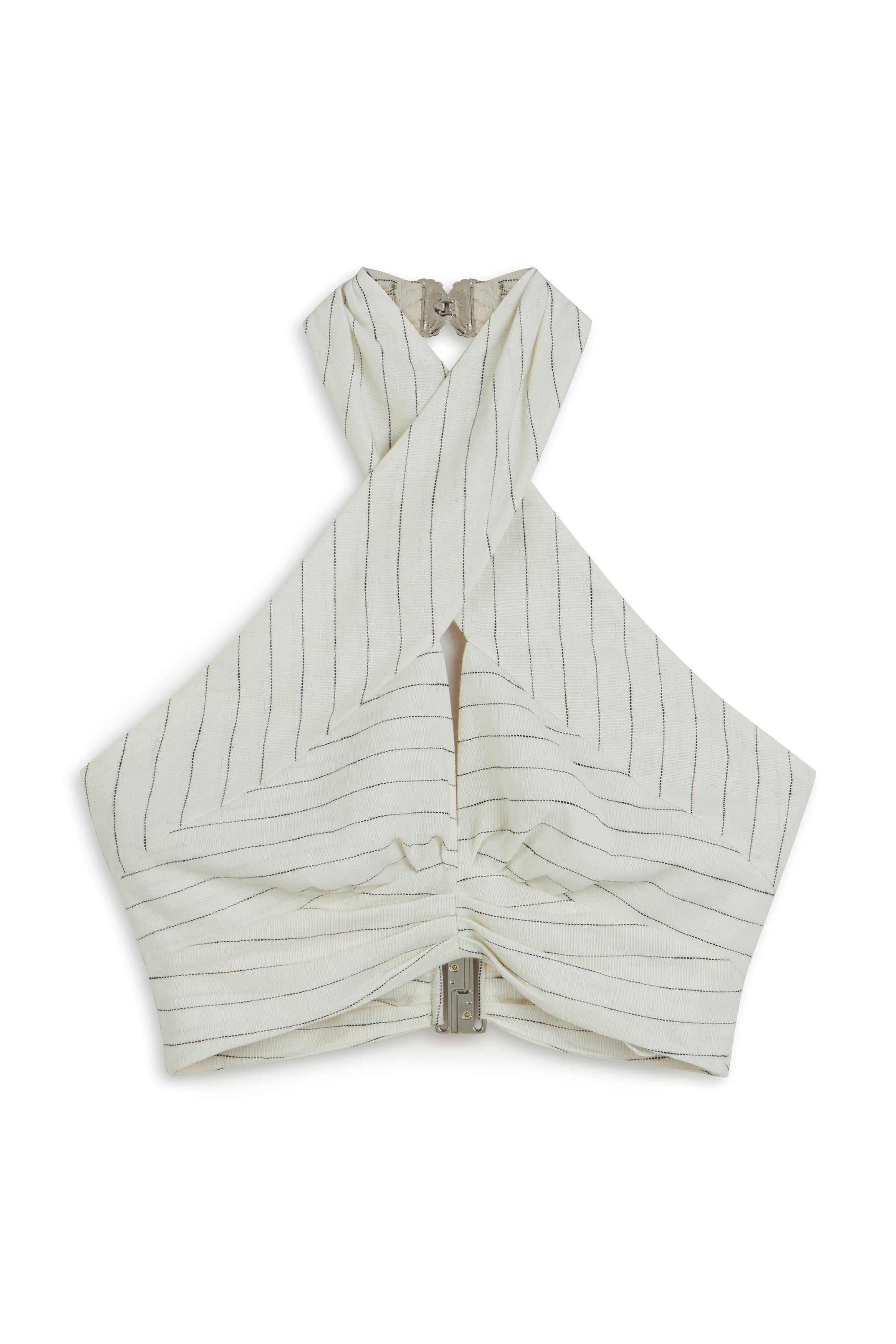 White Linen Blend Halter Neck Blouse with Tie Detail