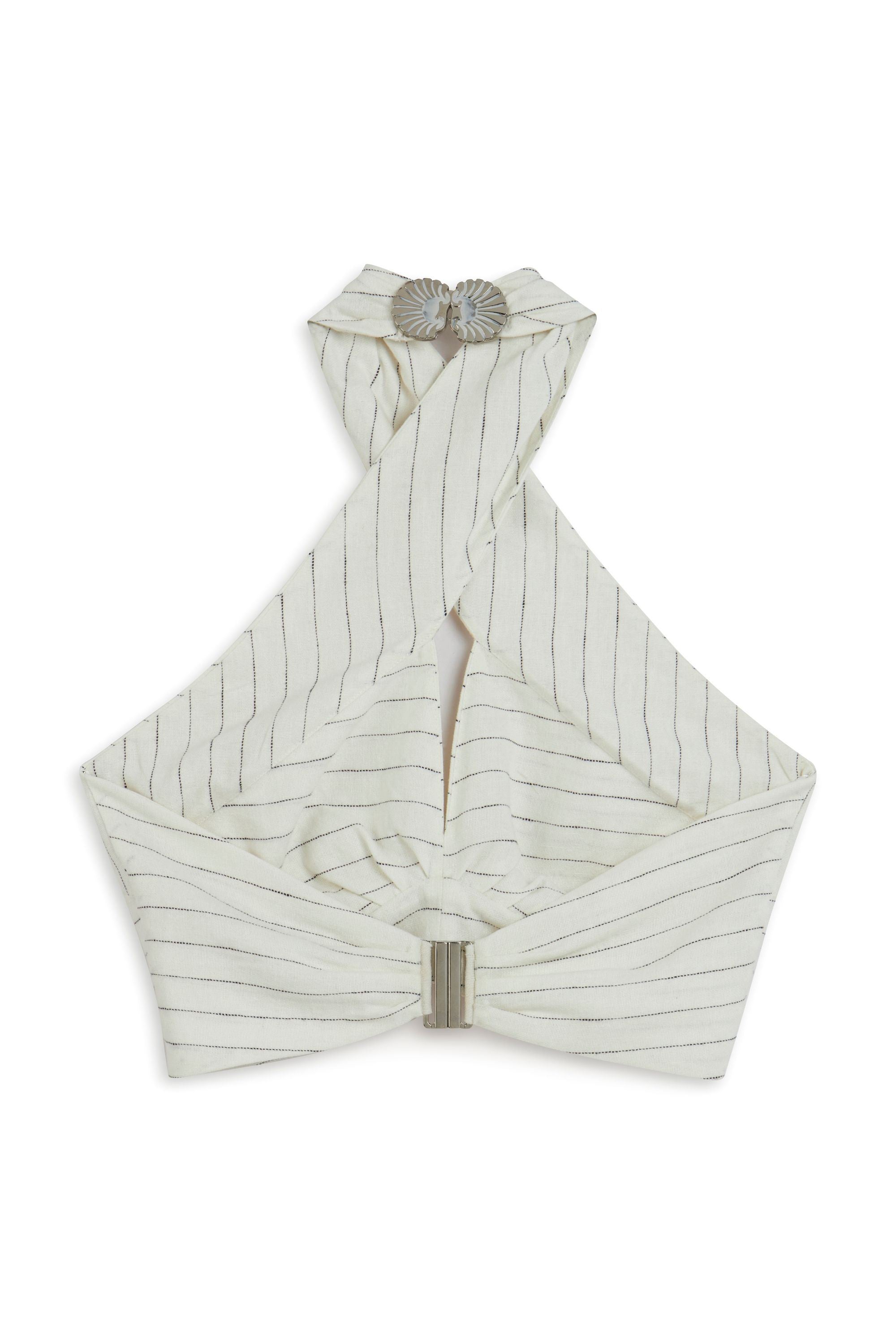 White Linen Blend Halter Neck Blouse with Tie Detail