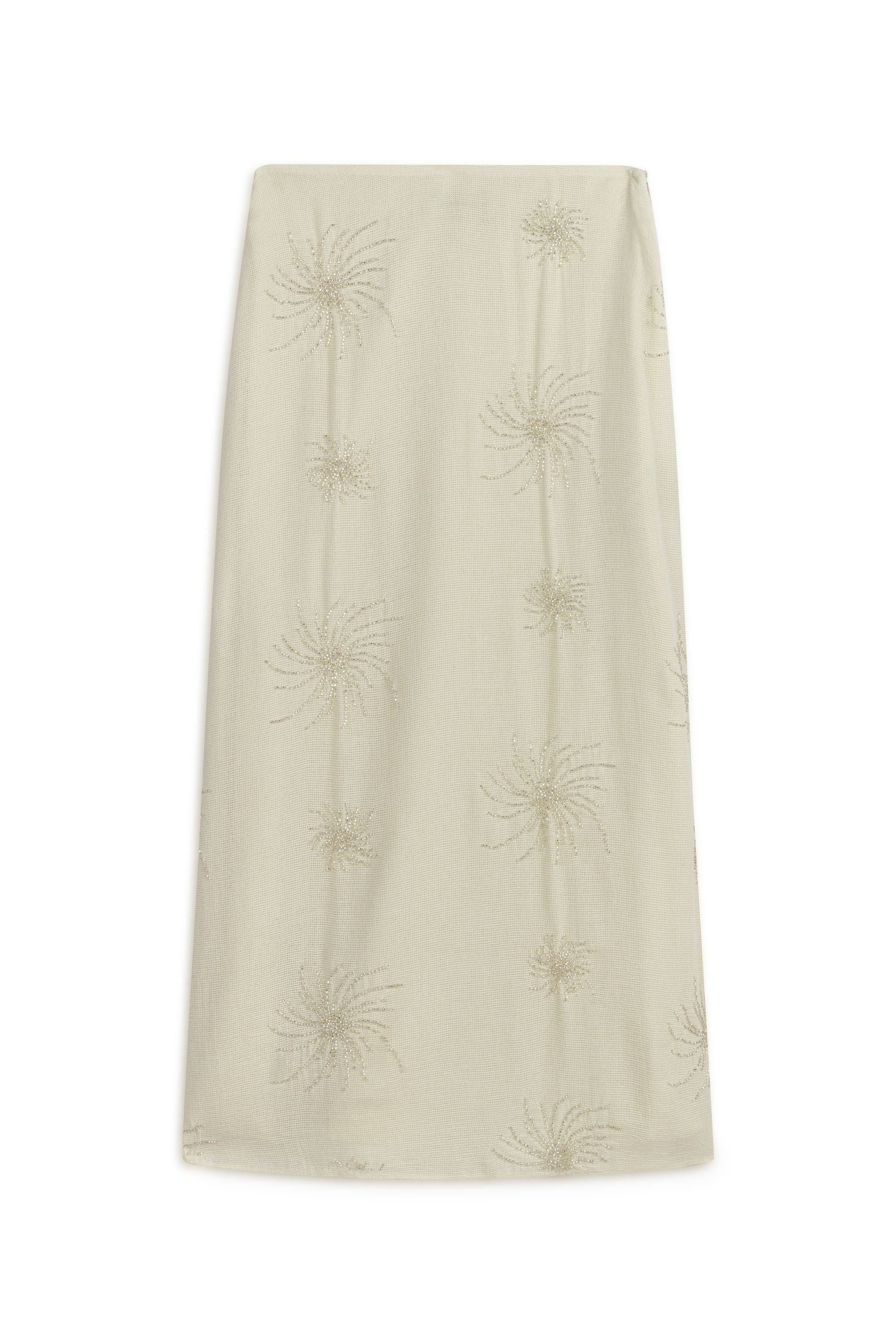 White Beaded Embroidered Midi Skirt