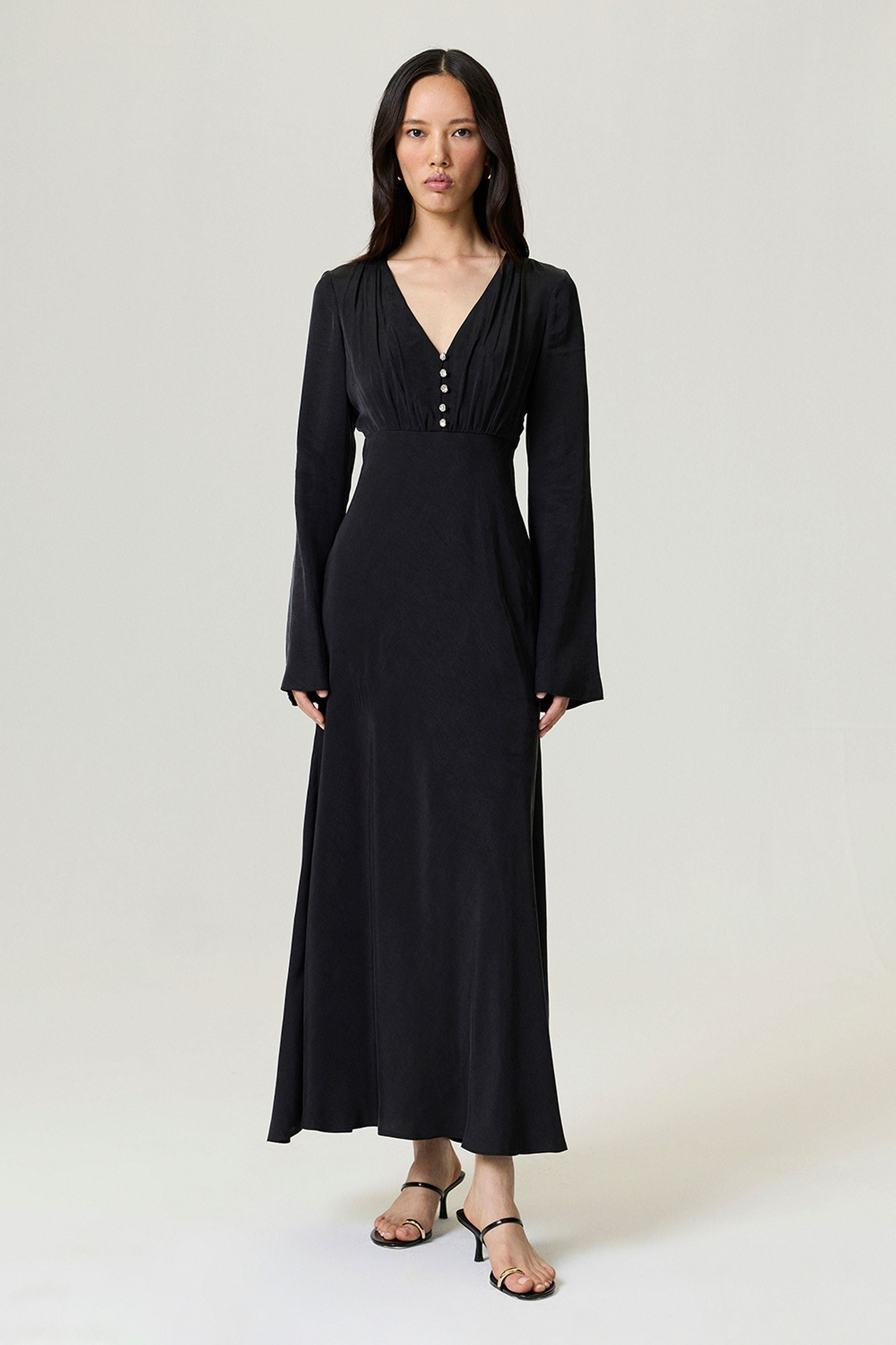 Black Crystal Button Detailed Maxi Dress