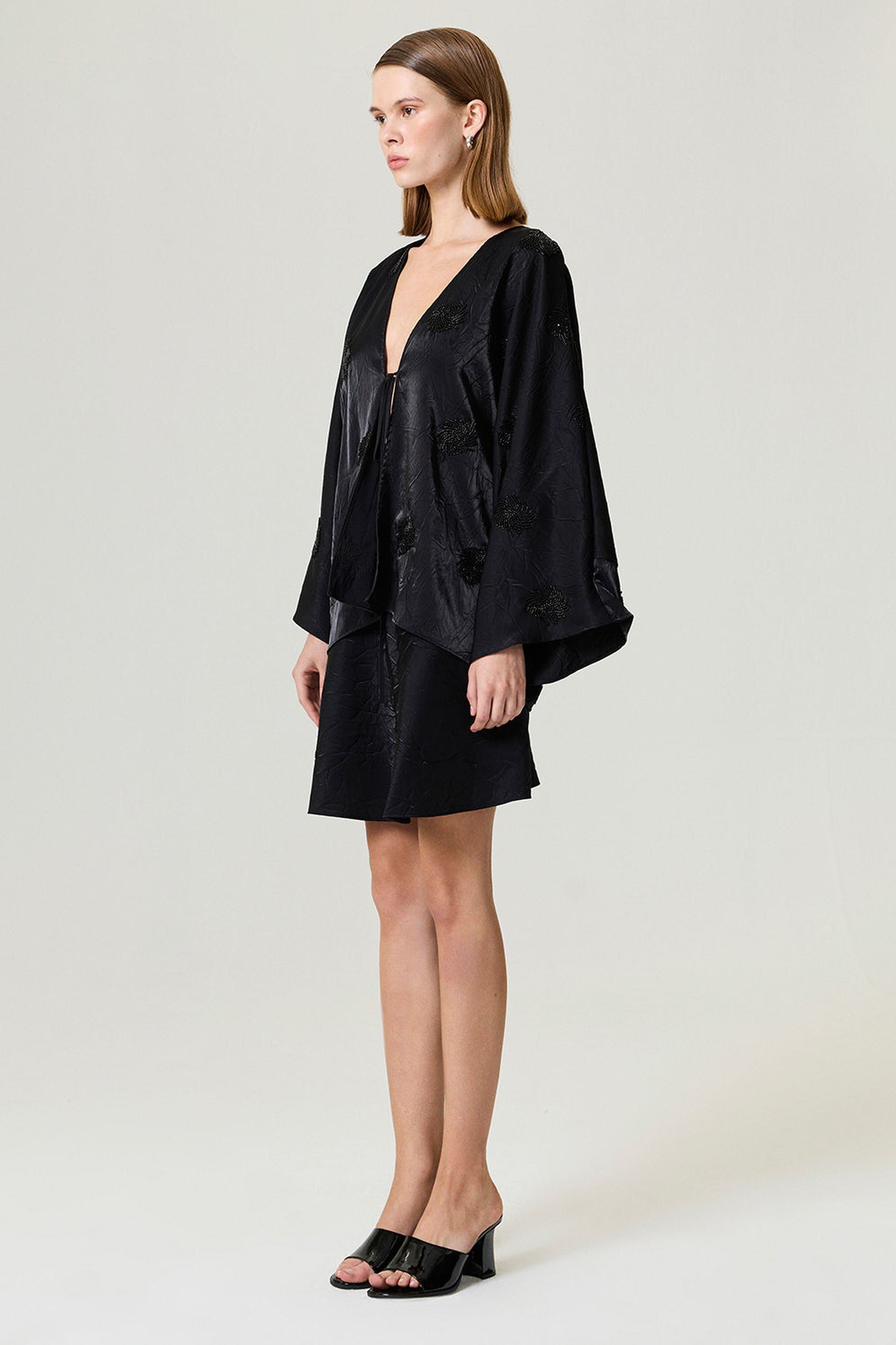 Black Beaded Embroidered Kimono