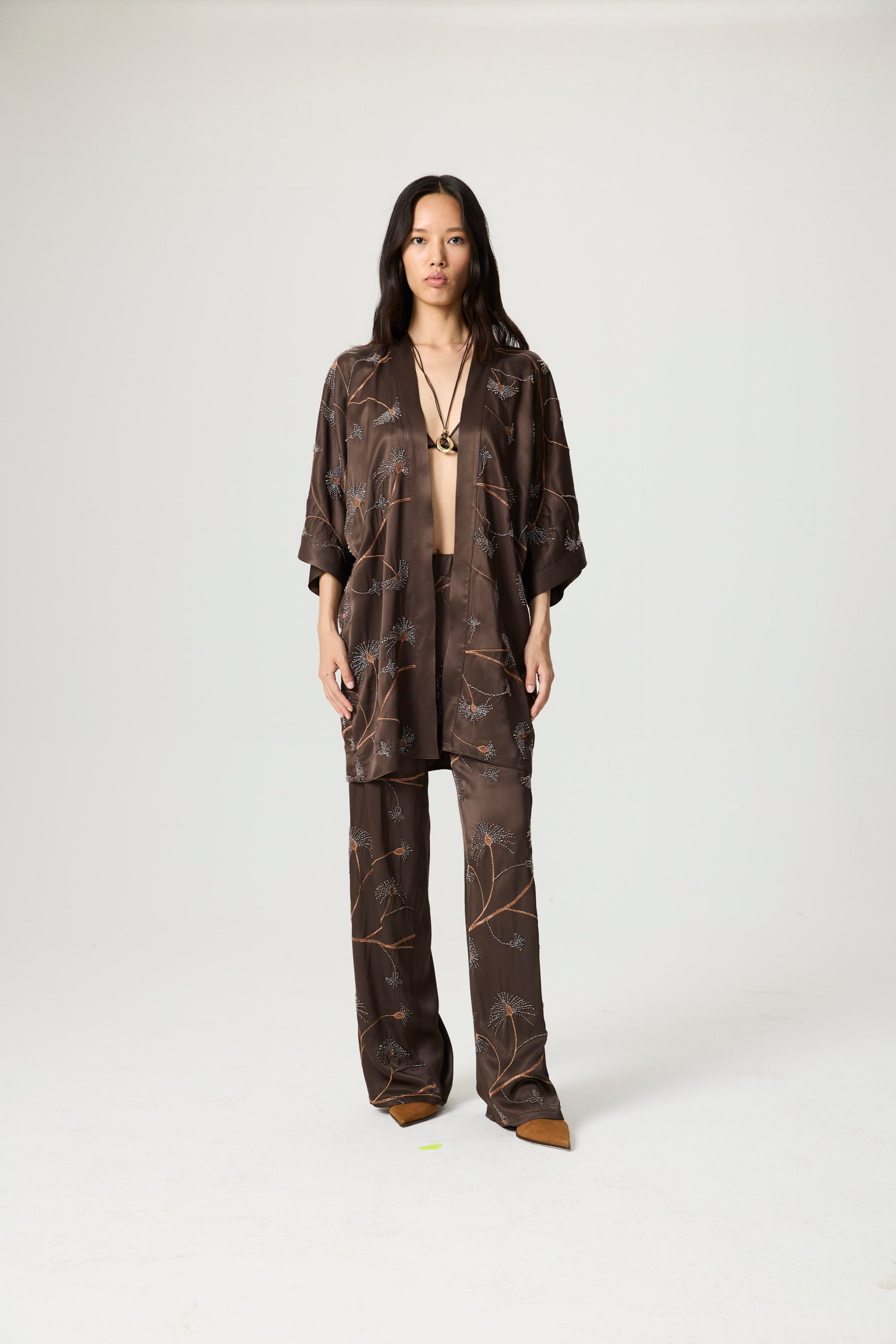 Coffee Beaded Embellished Kimono