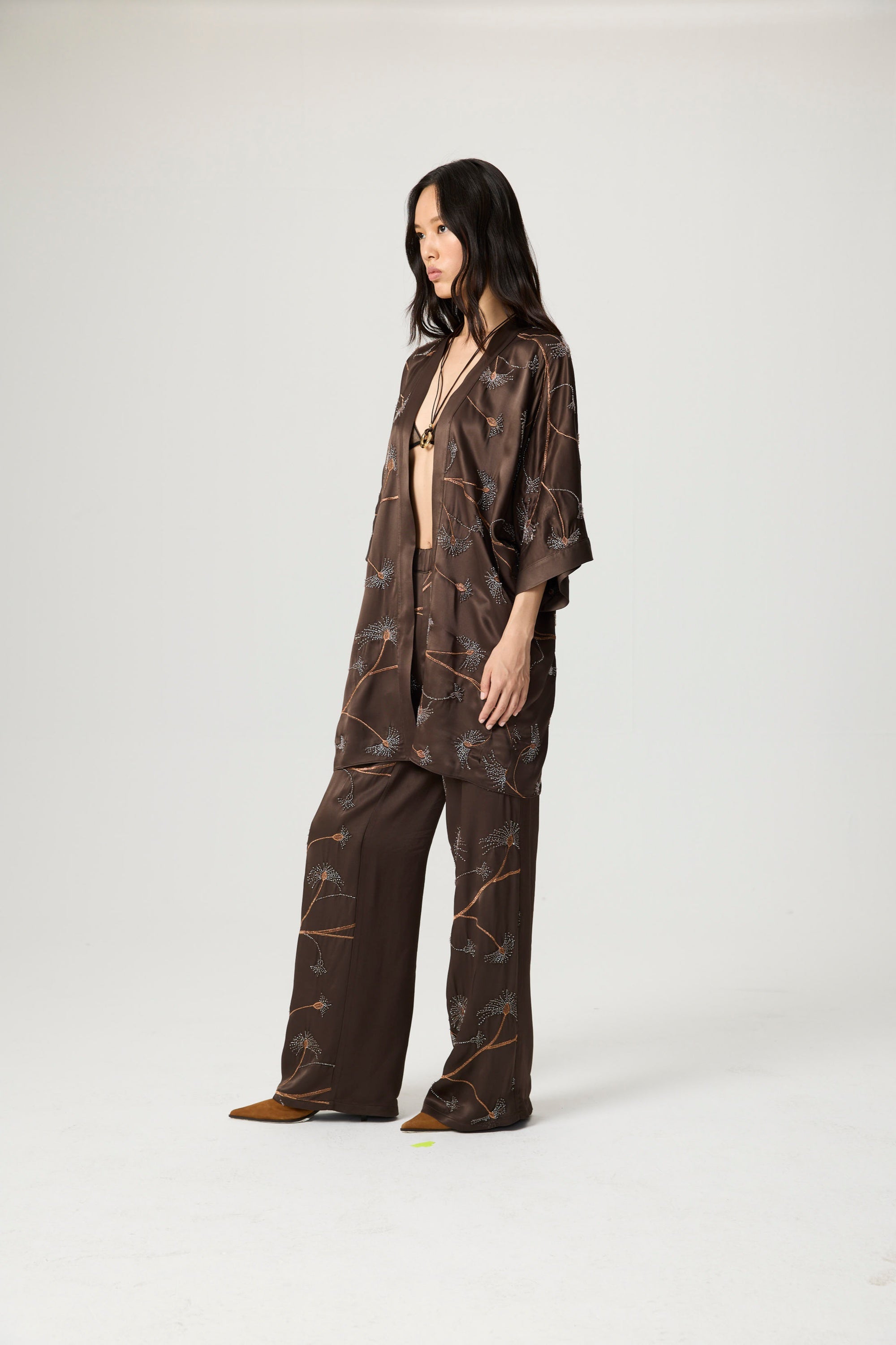 Coffee Beaded Embellished Kimono